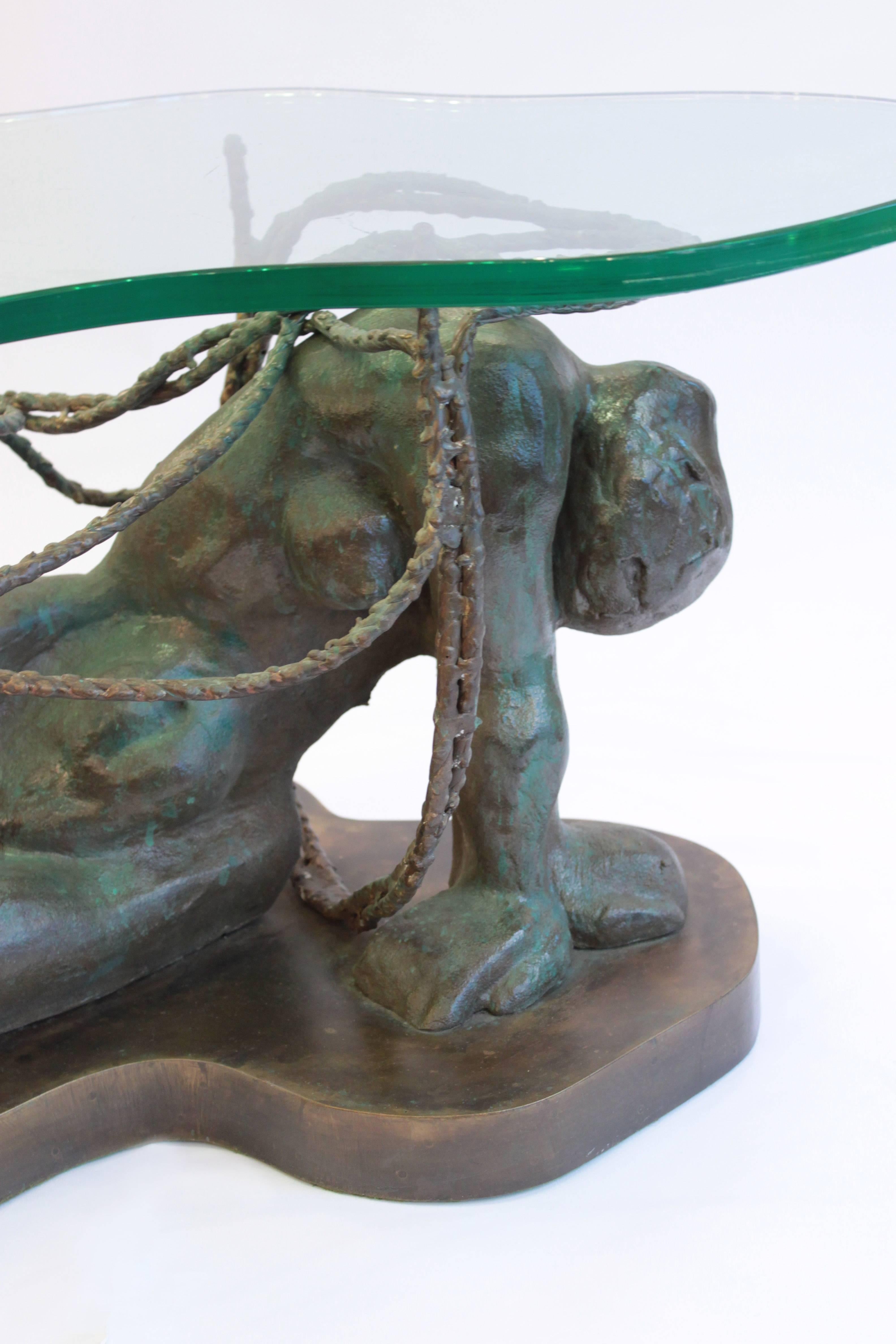 Rare and important “Persephone Enslaved” sculpture coffee table in patinated cast bronze by Philip and Kelvin LaVerne, American 1970s (signed on base). Cast pieces were only done in very small editions for a limited time. They were very time