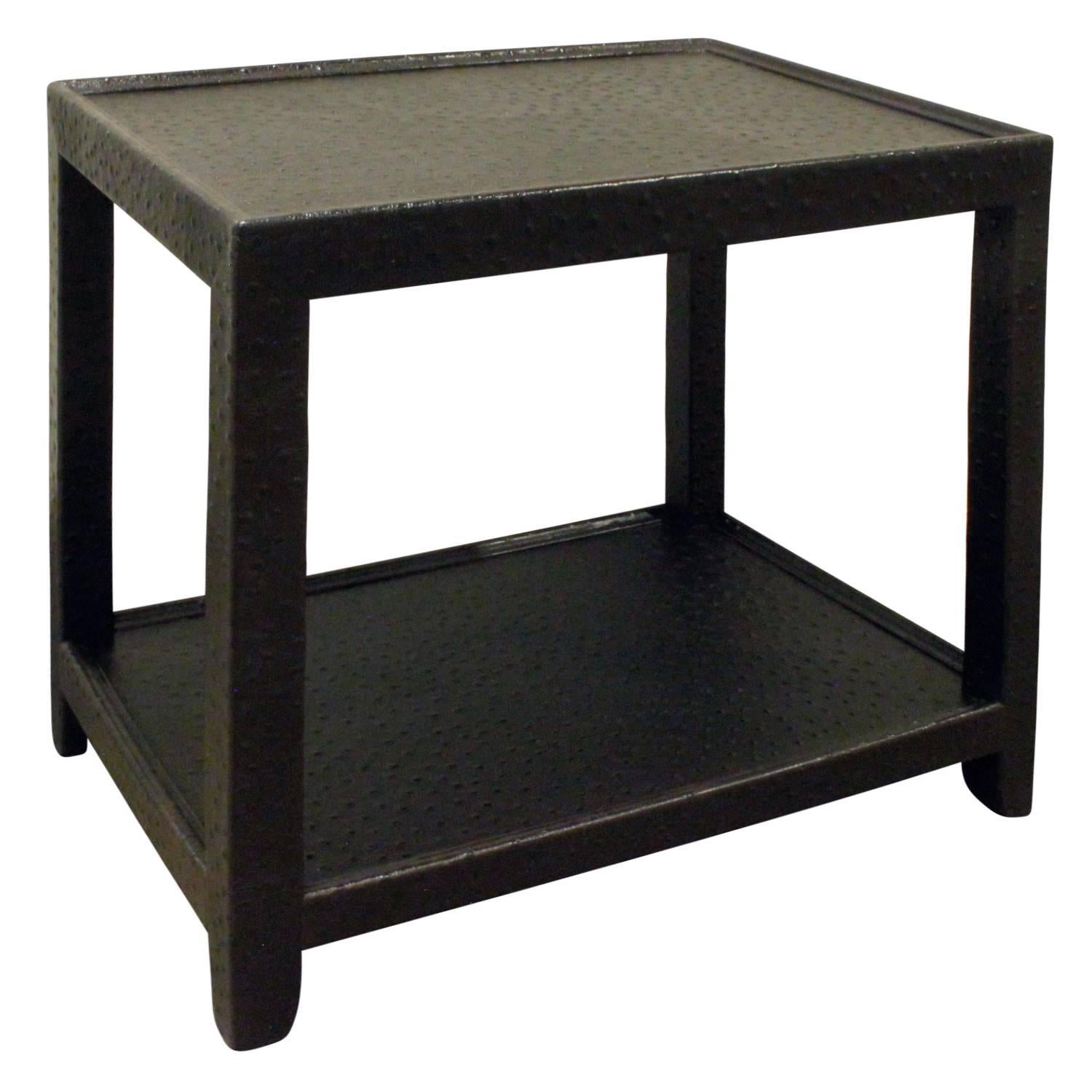 Telephone style side table in black ostrich by Karl Springer, American, 1970s. This table is impeccably made and very chic.