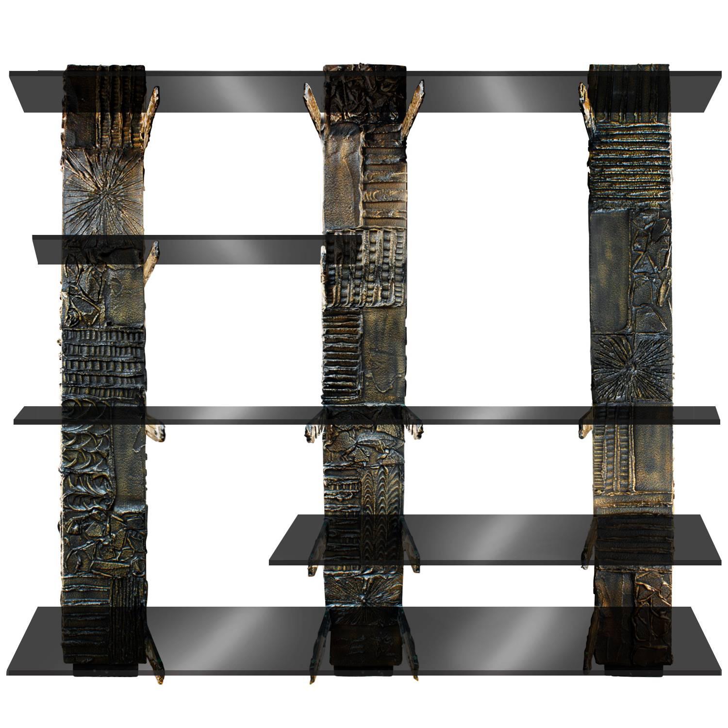 Paul Evans Sculpted Bronze Wall Unit with Smoke Glass Shelves, 1972
