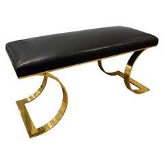 Karl Springer "JMF Curved Bench" in Brass with Black Leather, 1970s
