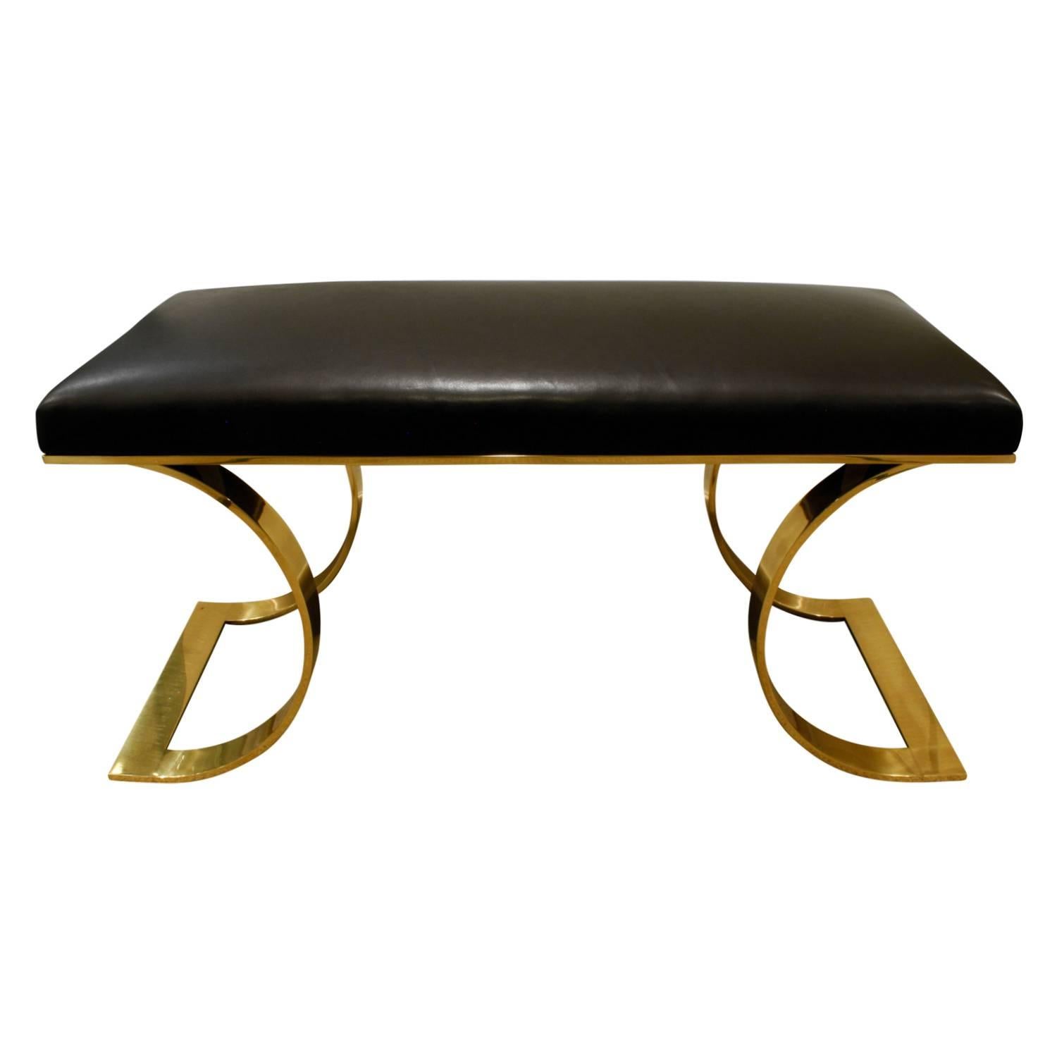 Karl Springer "JMF Curved Bench" in Brass with Black Leather, 1970s