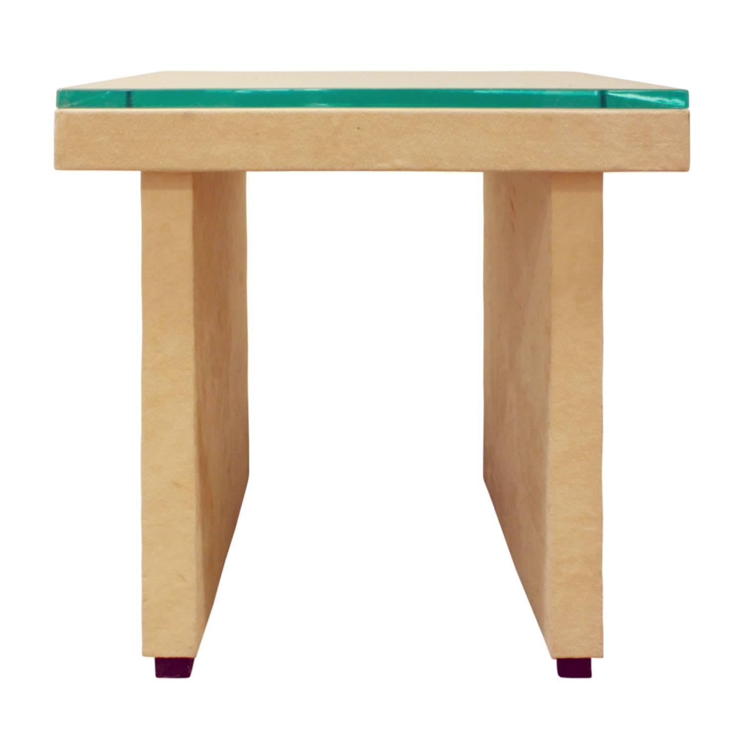 T-style occasional table covered in ultrasuede with custom glass top, American, 1970s.