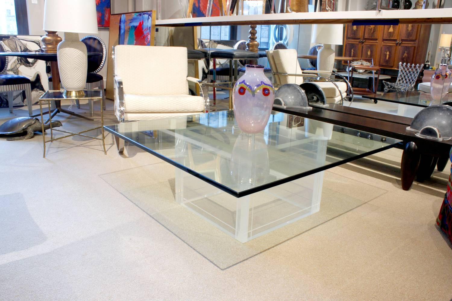 Hand-Crafted Thick Lucite Coffee Table with Glass Top, 1970s