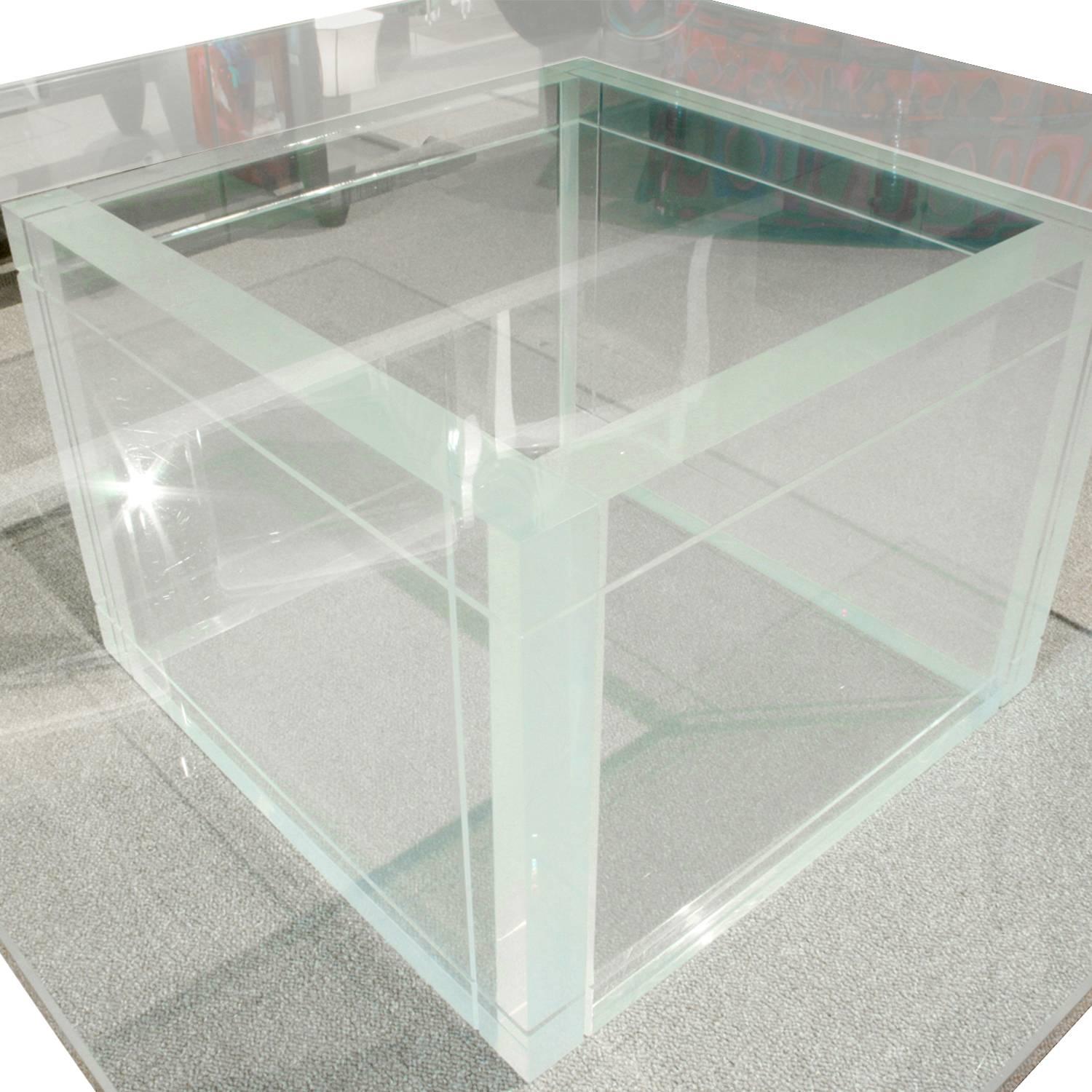 American Thick Lucite Coffee Table with Glass Top, 1970s