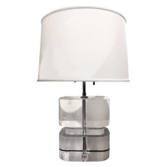 Karl Springer Pair of Two-Tier Thick Lucite Block Lamps 1970s 'Signed'