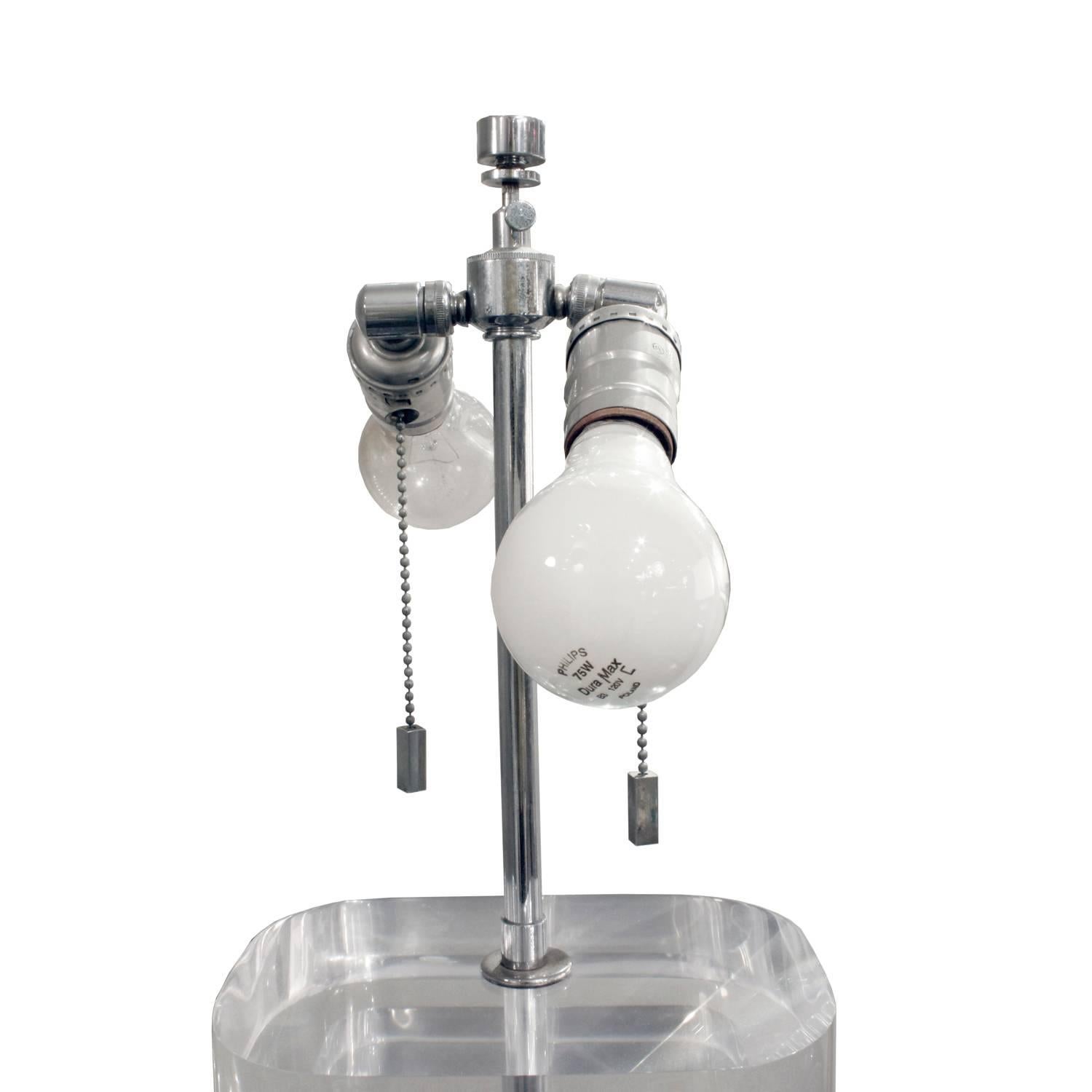 Karl Springer Pair of Two-Tier Thick Lucite Block Lamps 1970s 'Signed' In Excellent Condition In New York, NY