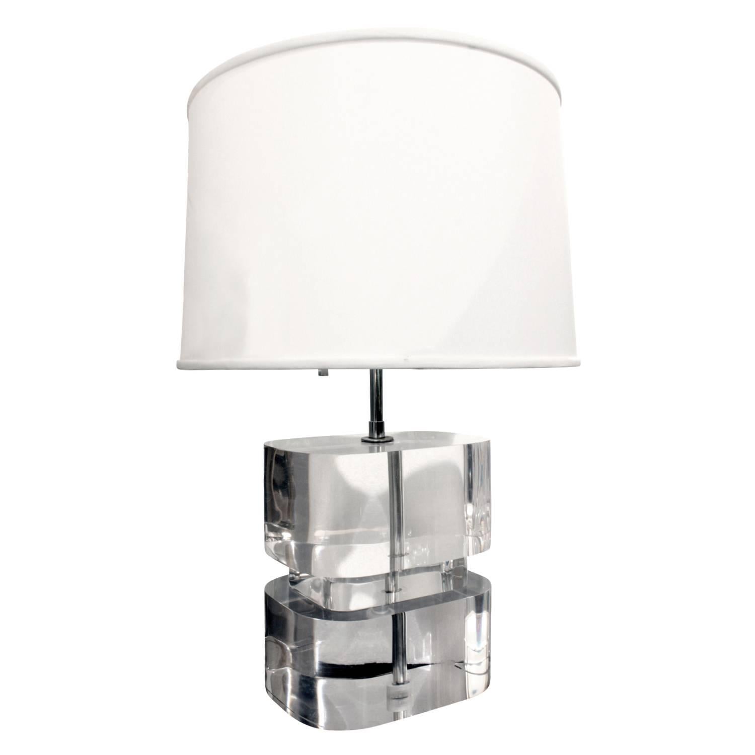 Mid-Century Modern Karl Springer Pair of Two-Tier Thick Lucite Block Lamps 1970s 'Signed'