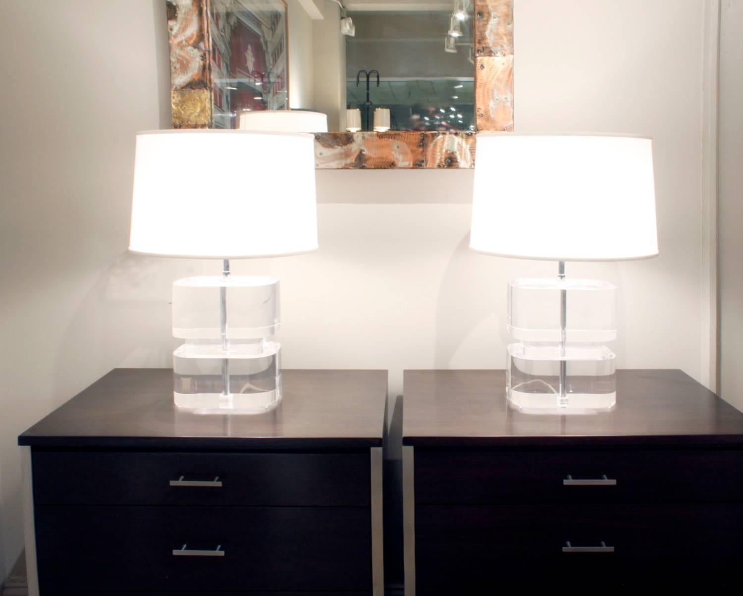 Karl Springer Pair of Two-Tier Thick Lucite Block Lamps 1970s 'Signed' 1