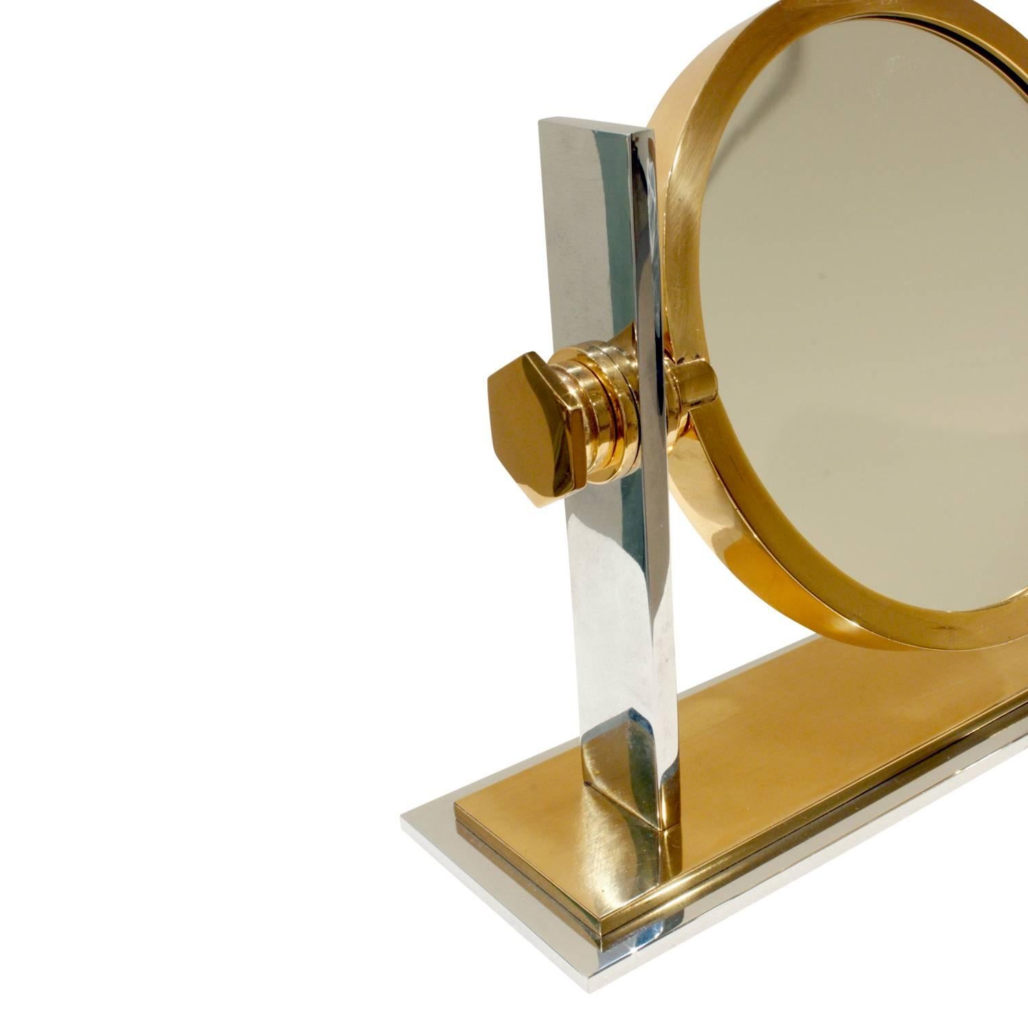 American Karl Springer Vanity Mirror in Polished Chrome and Brass, 1980s