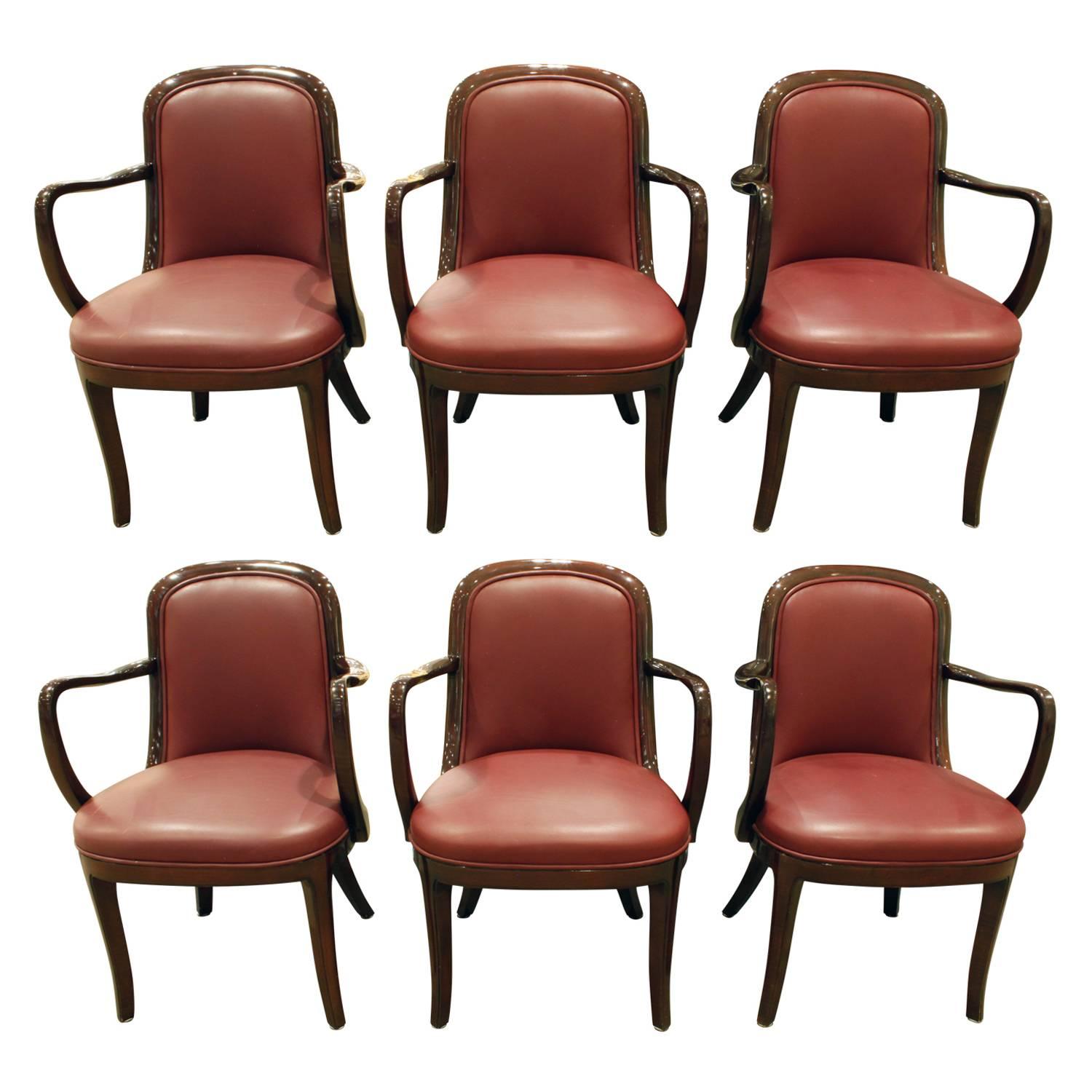 Donghia Set of Six "Coronia Dining Chairs" in Lacquer Mahogany Frames, 1980s