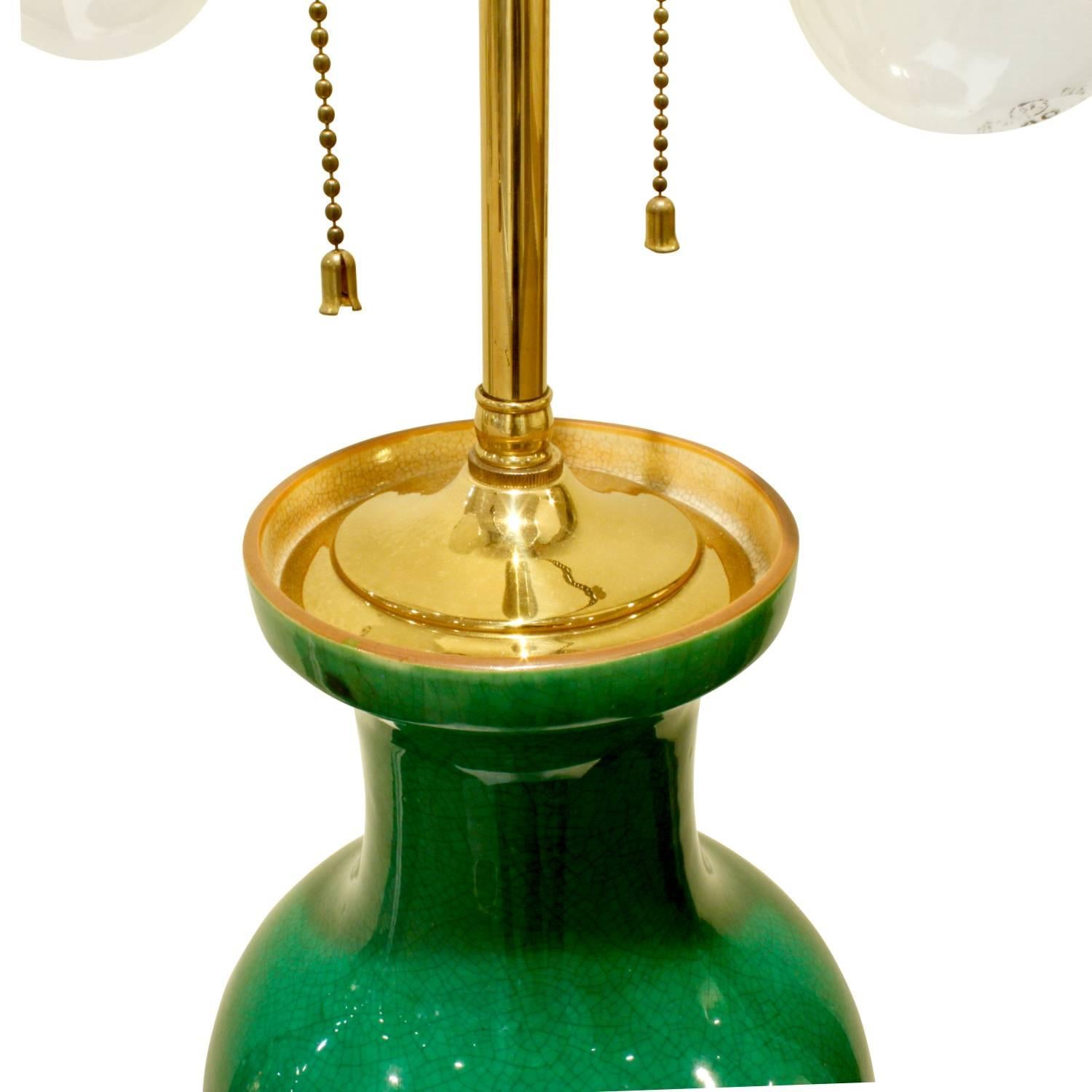 Hand-Crafted Fine Pair of Emerald Green Porcelain Table Lamps, 1960s