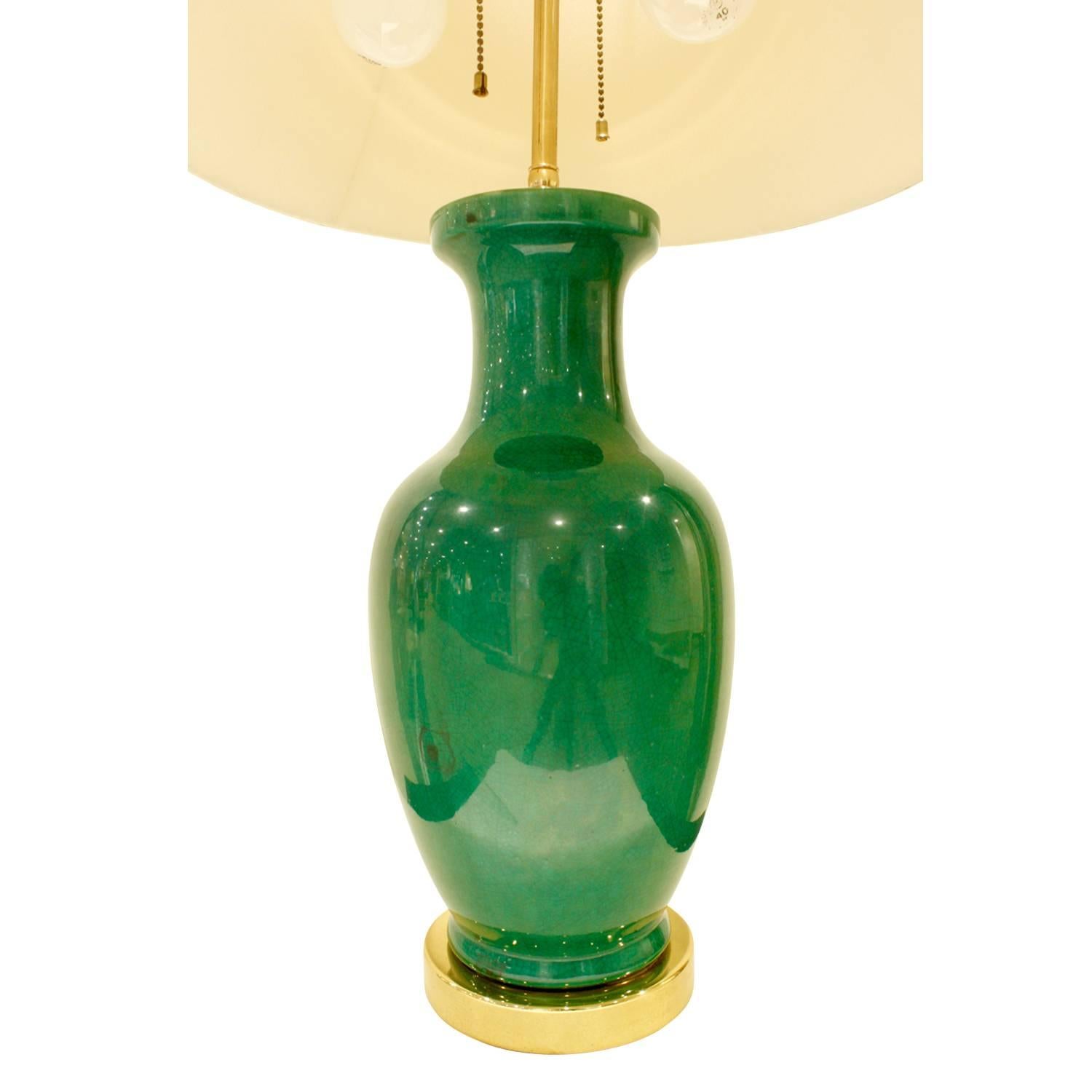 American Fine Pair of Emerald Green Porcelain Table Lamps, 1960s