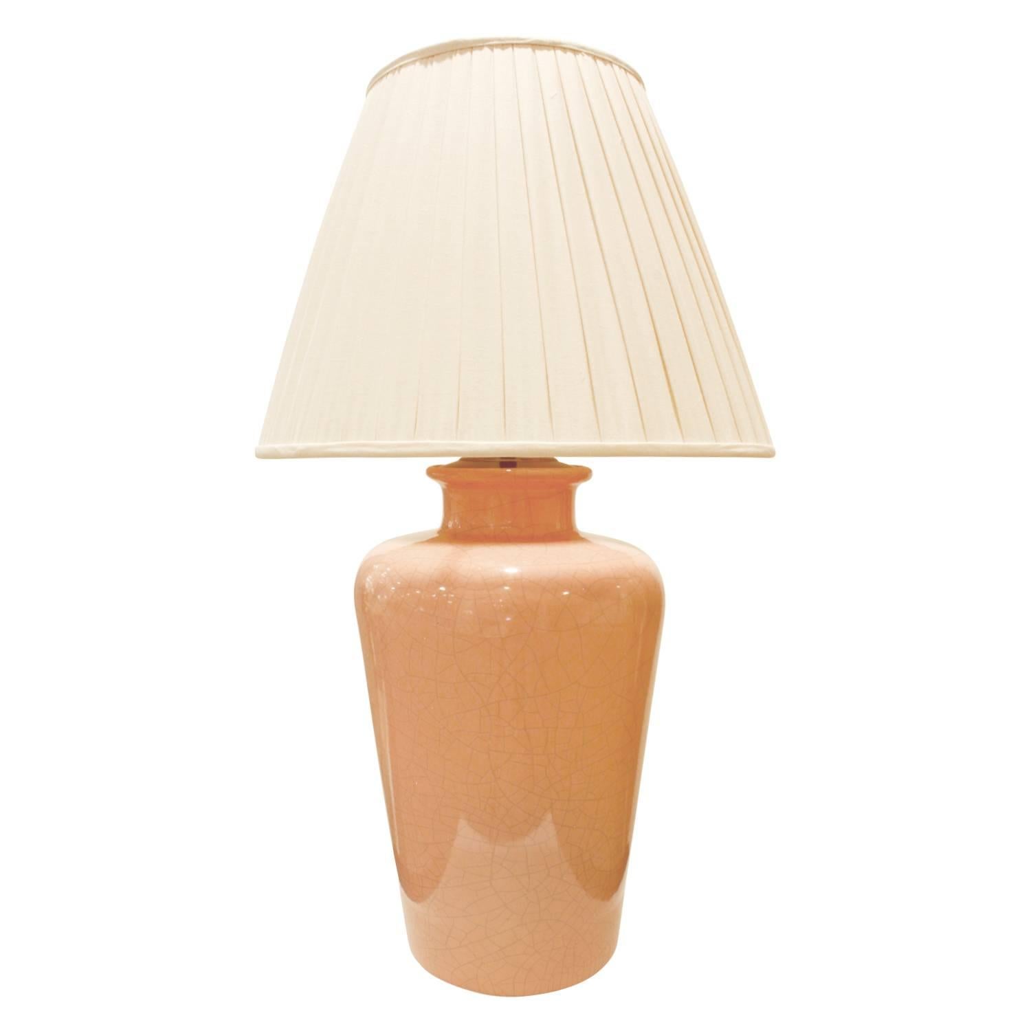 Large Salmon Color Porcelain Table Lamp, 1940s For Sale