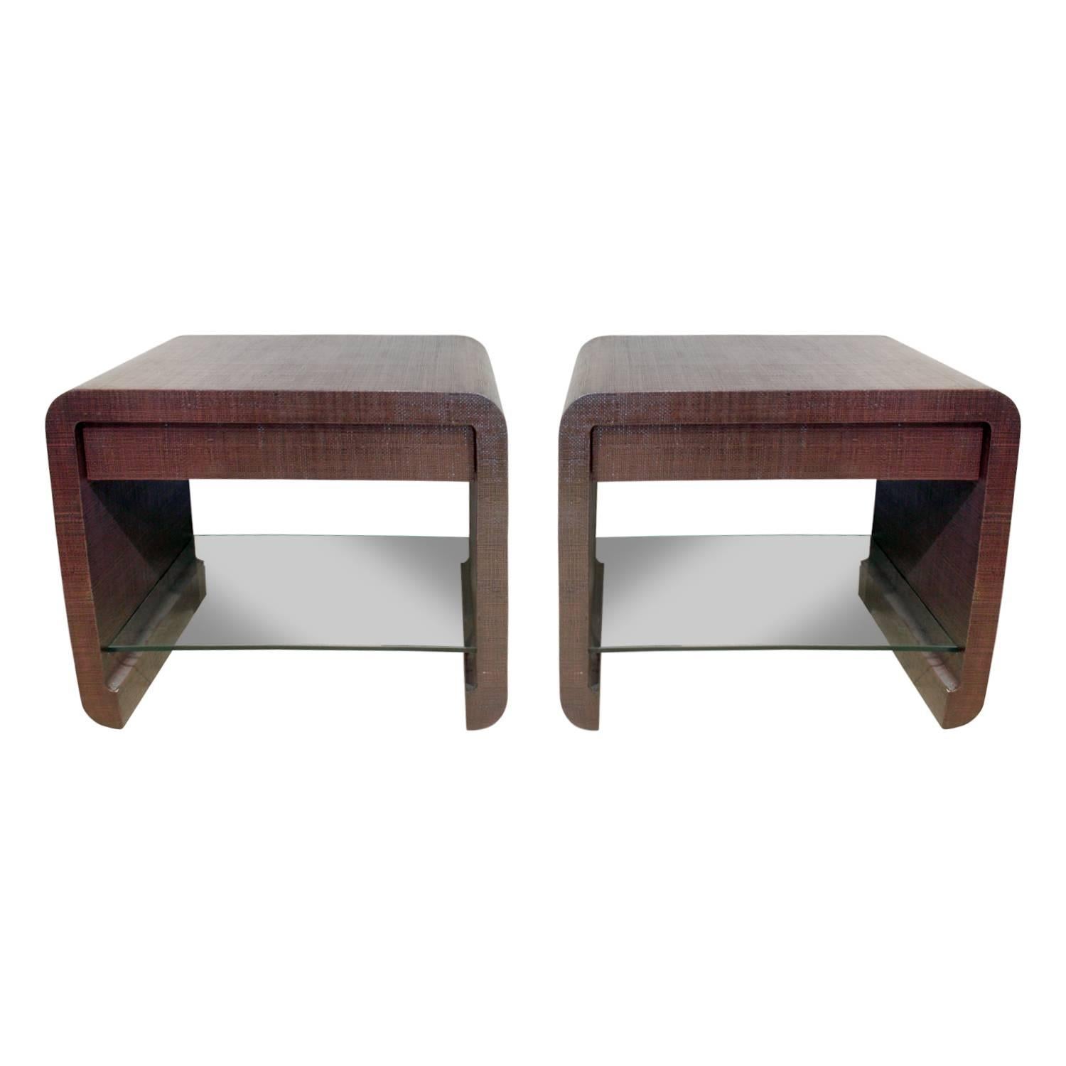 Ron Seff Pair of Bedside Tables in Ox Blood Lacquered Linen, 1980s