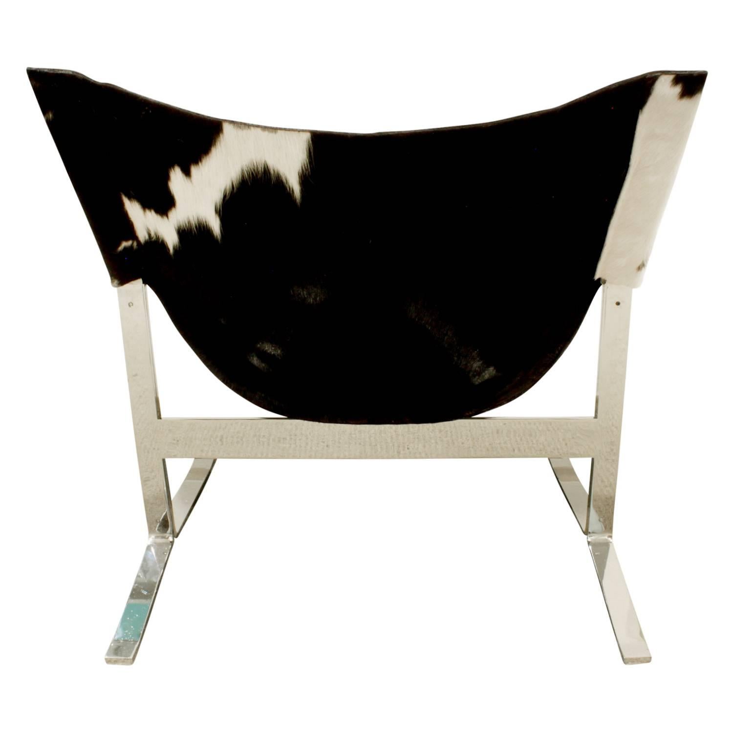 Hand-Crafted Chic Pair of Sling Chairs in Steel with Cow Hides, 1963