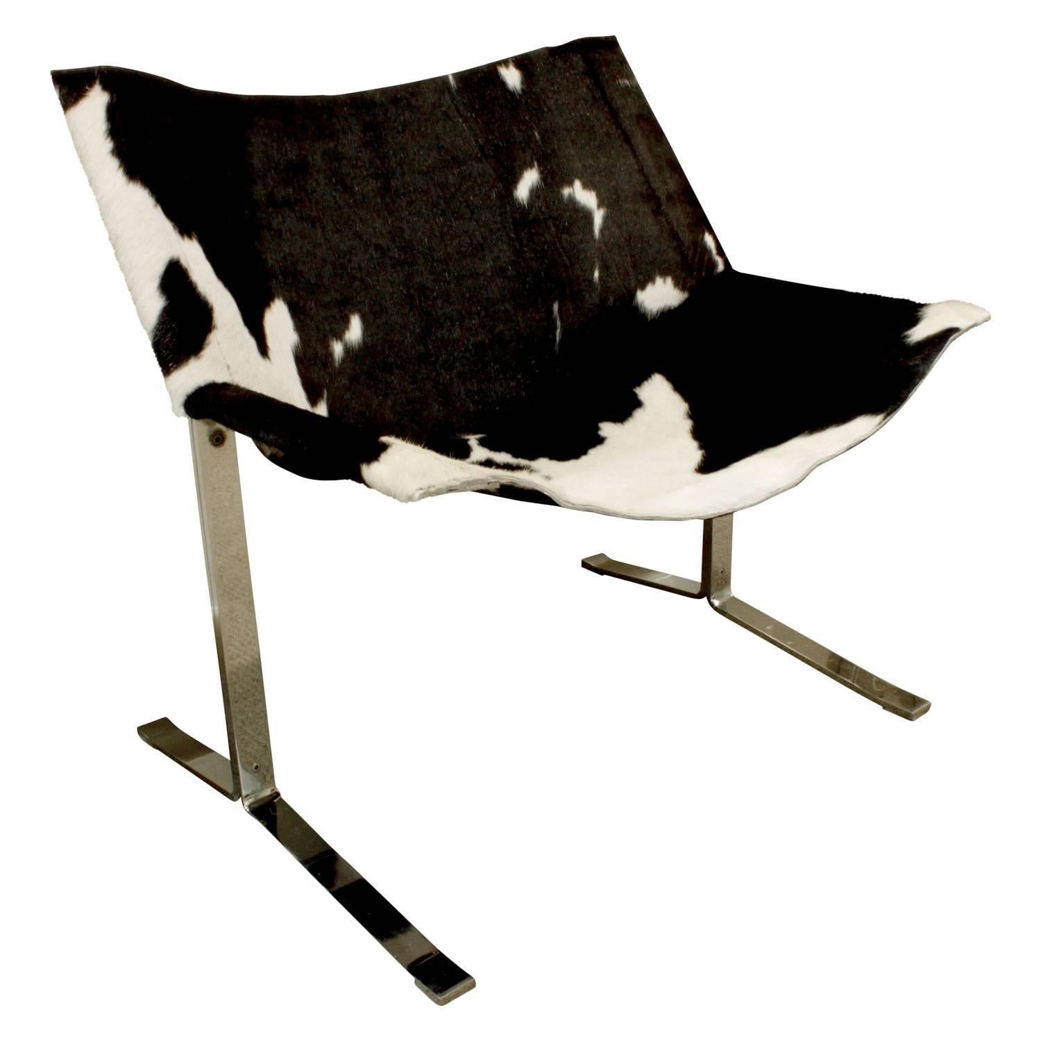 Mid-Century Modern Chic Pair of Sling Chairs in Steel with Cow Hides, 1963