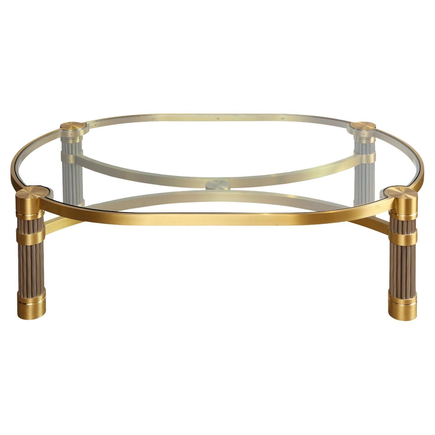 Ron Seff Large Coffee Table in Brushed Stainless Steel and Brass, 1980s