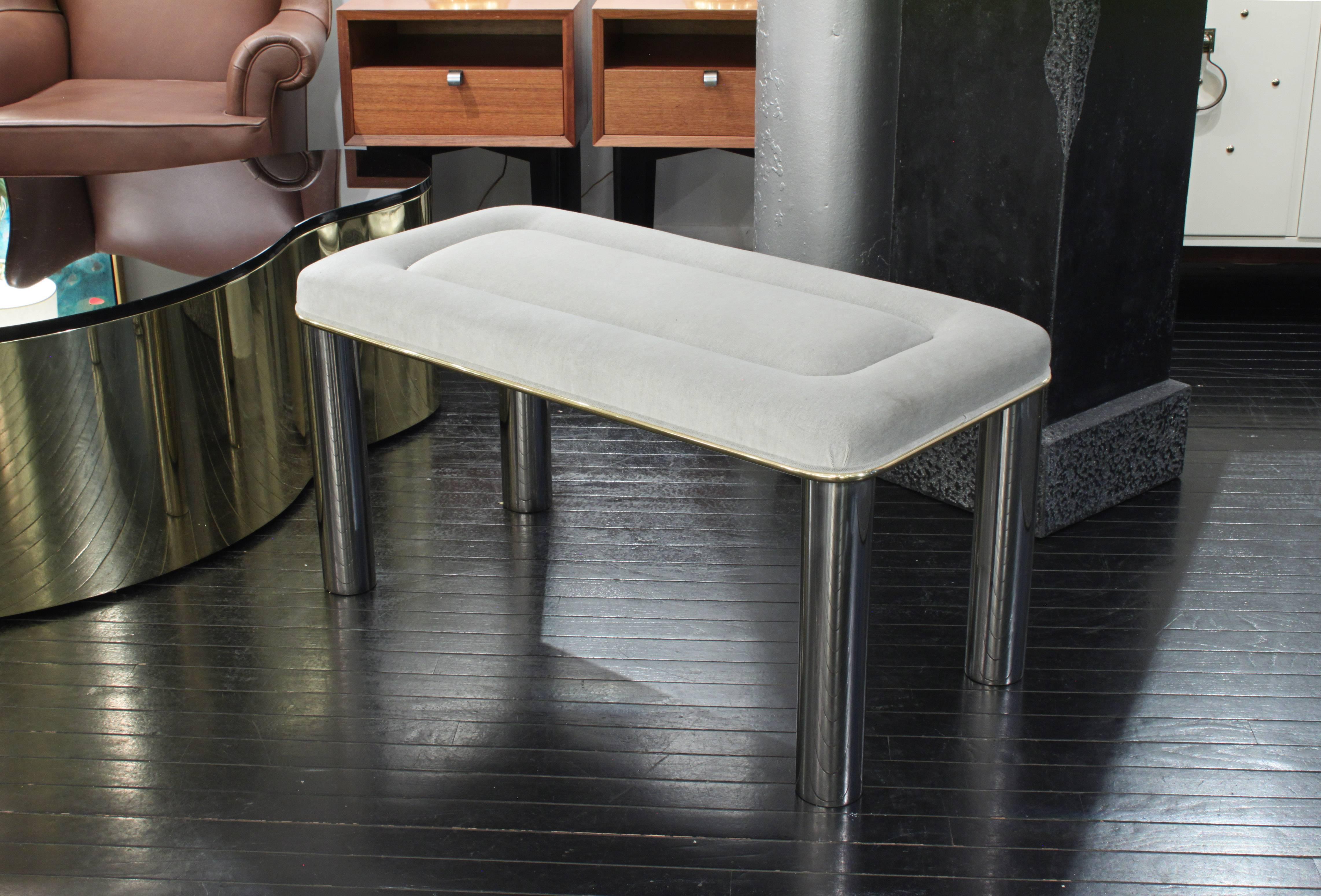 Late 20th Century Bench with Round Steel Legs and Brass Trim by Karl Springer