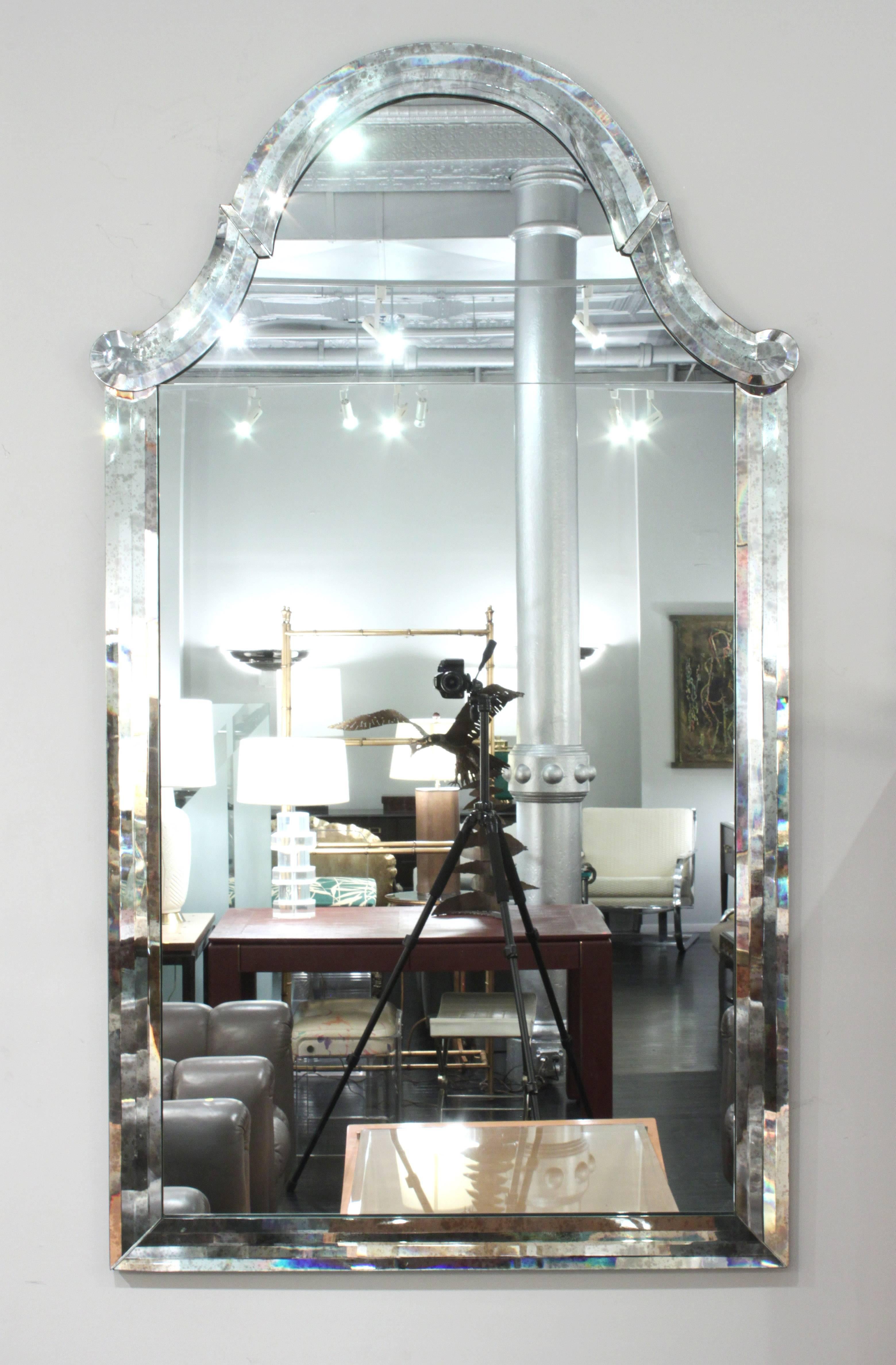 Mid-20th Century Pair of Monumental Mirrors with Antiqued Silvered Frames
