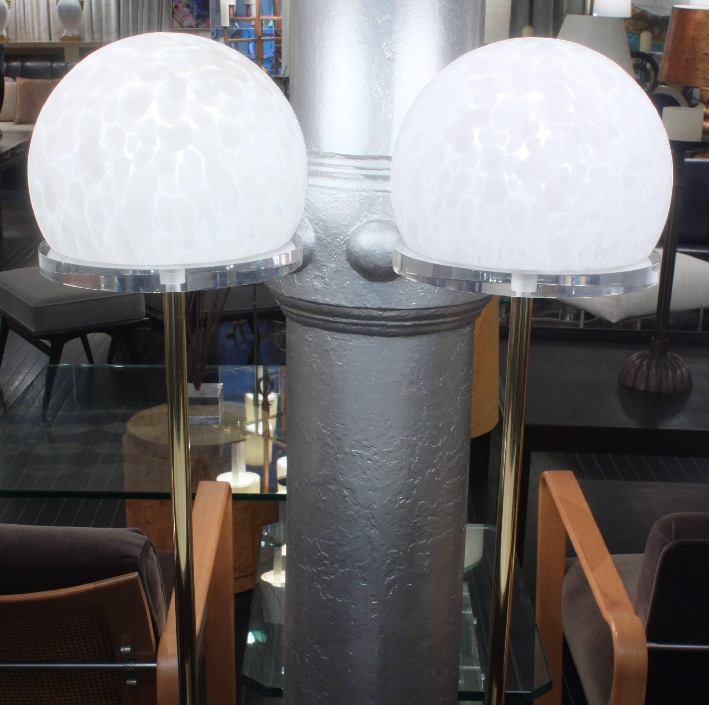 Pair of Floor Lamps in Brass with Mottled Glass Shades 1