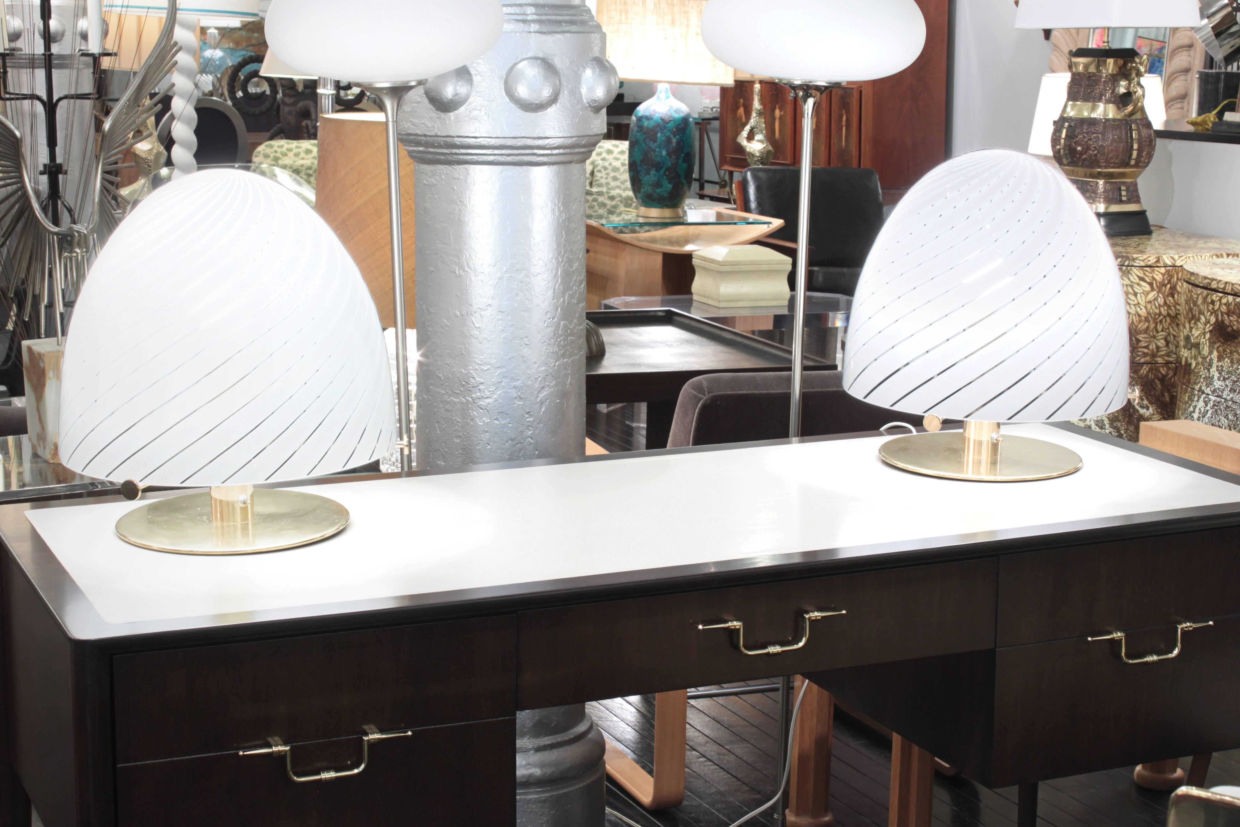 Late 20th Century Pair of Sculptural Brass Table Lamps with Dome-Shape Glass Shades