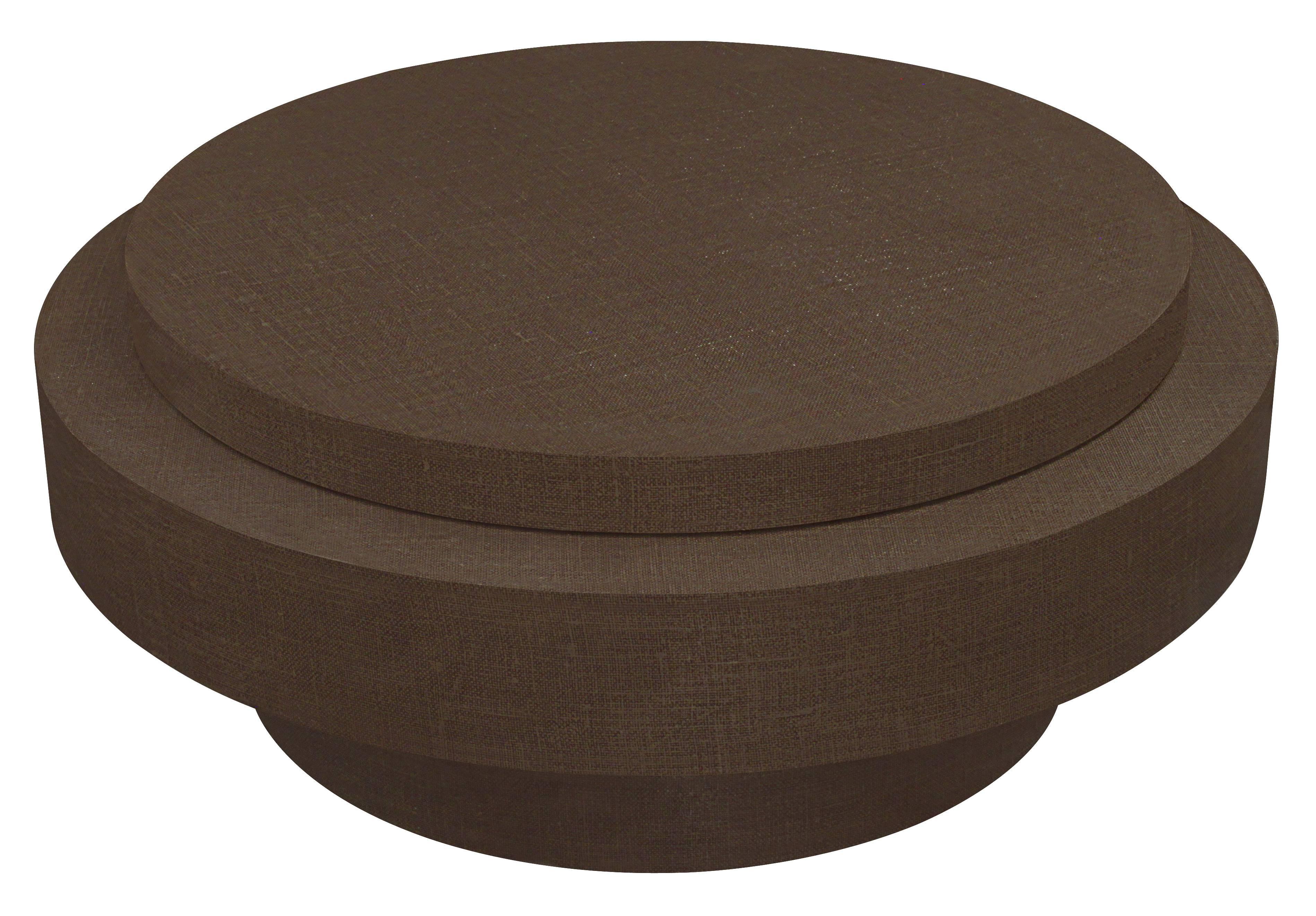 Chic coffee table in lacquered linen with top which rotates out away from the base in the manner of Gabriella Crespi, American, 1970s.
Measures: 40 inches in diameter when top is centered.