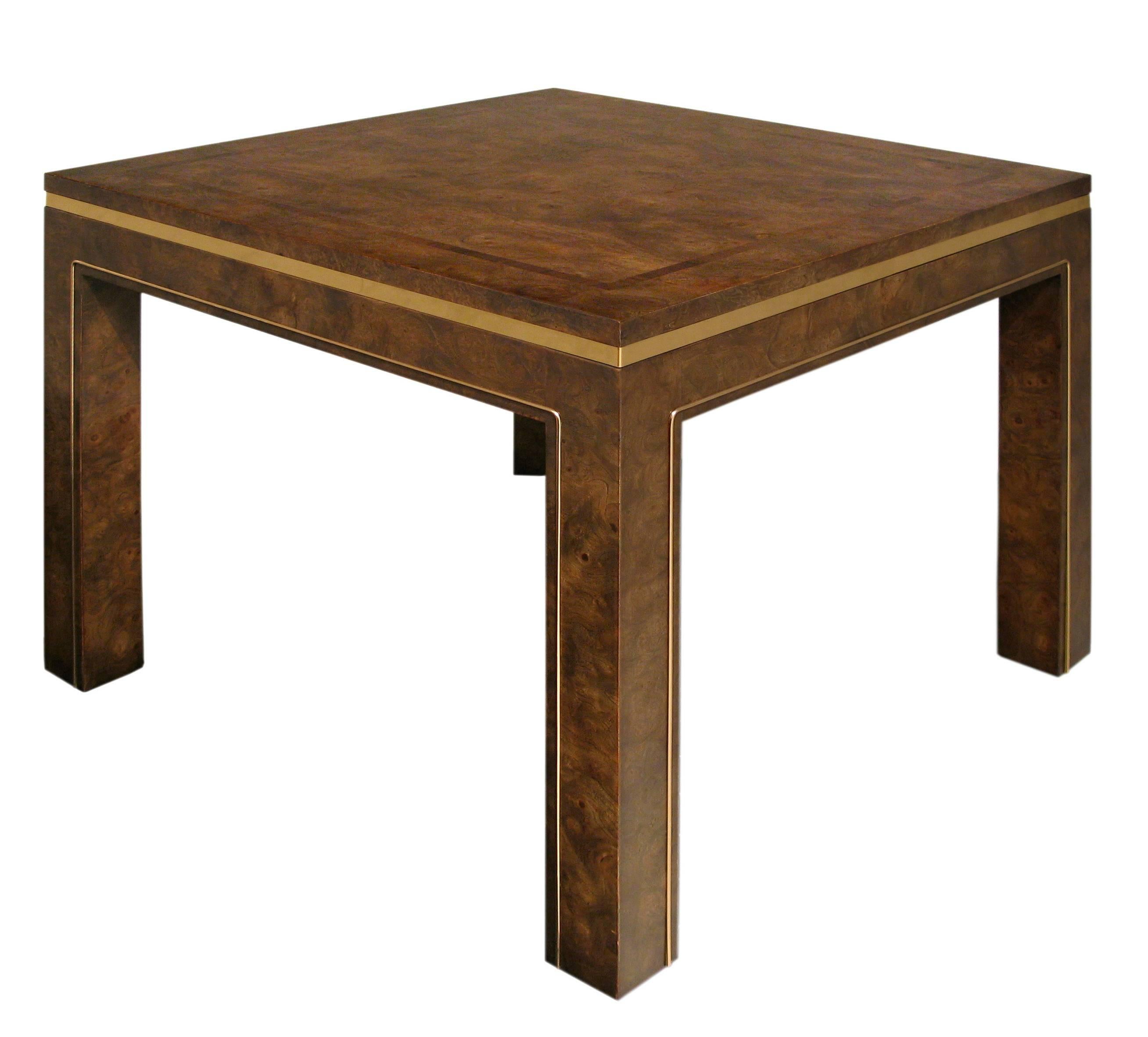 Beautifully crafted end tables in Maidou burl with brass inlays by Mastercraft, American 1970s.
