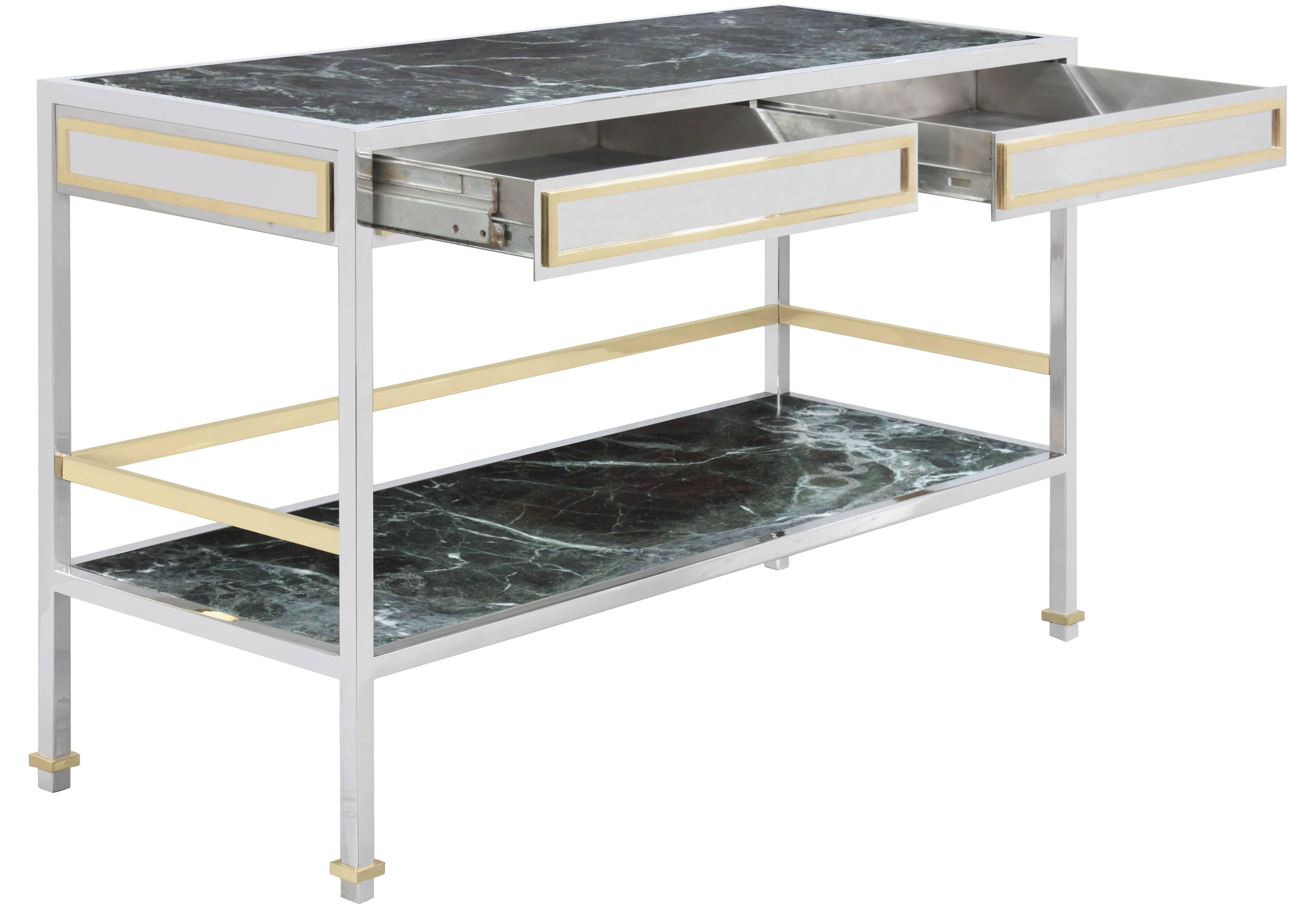 Mid-Century Modern Console Table/Dry Bar in Polished Steel with Inset Marble by Paul M. Jones