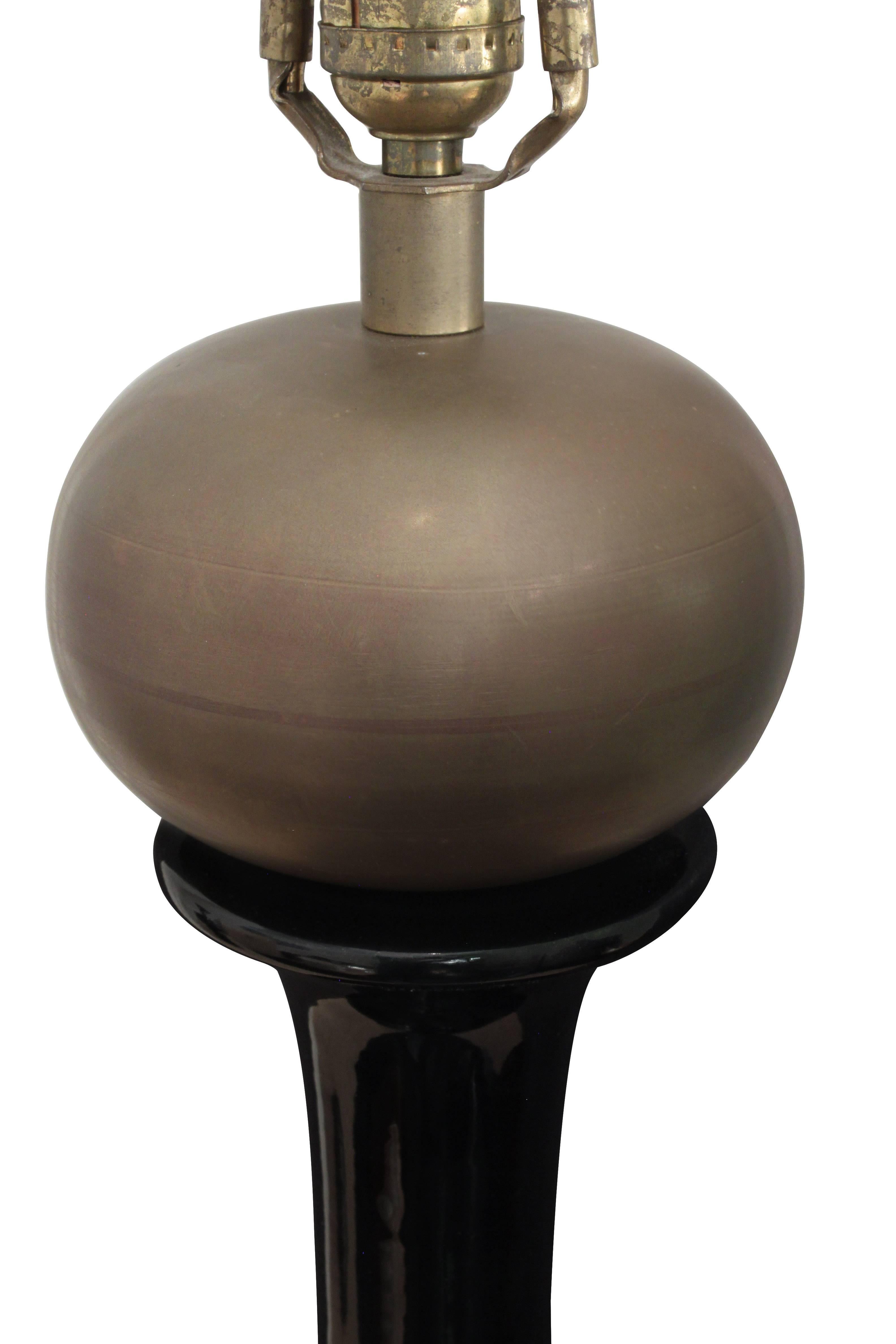 American Pair of Chic Black Ceramic and Bronze Table Lamps