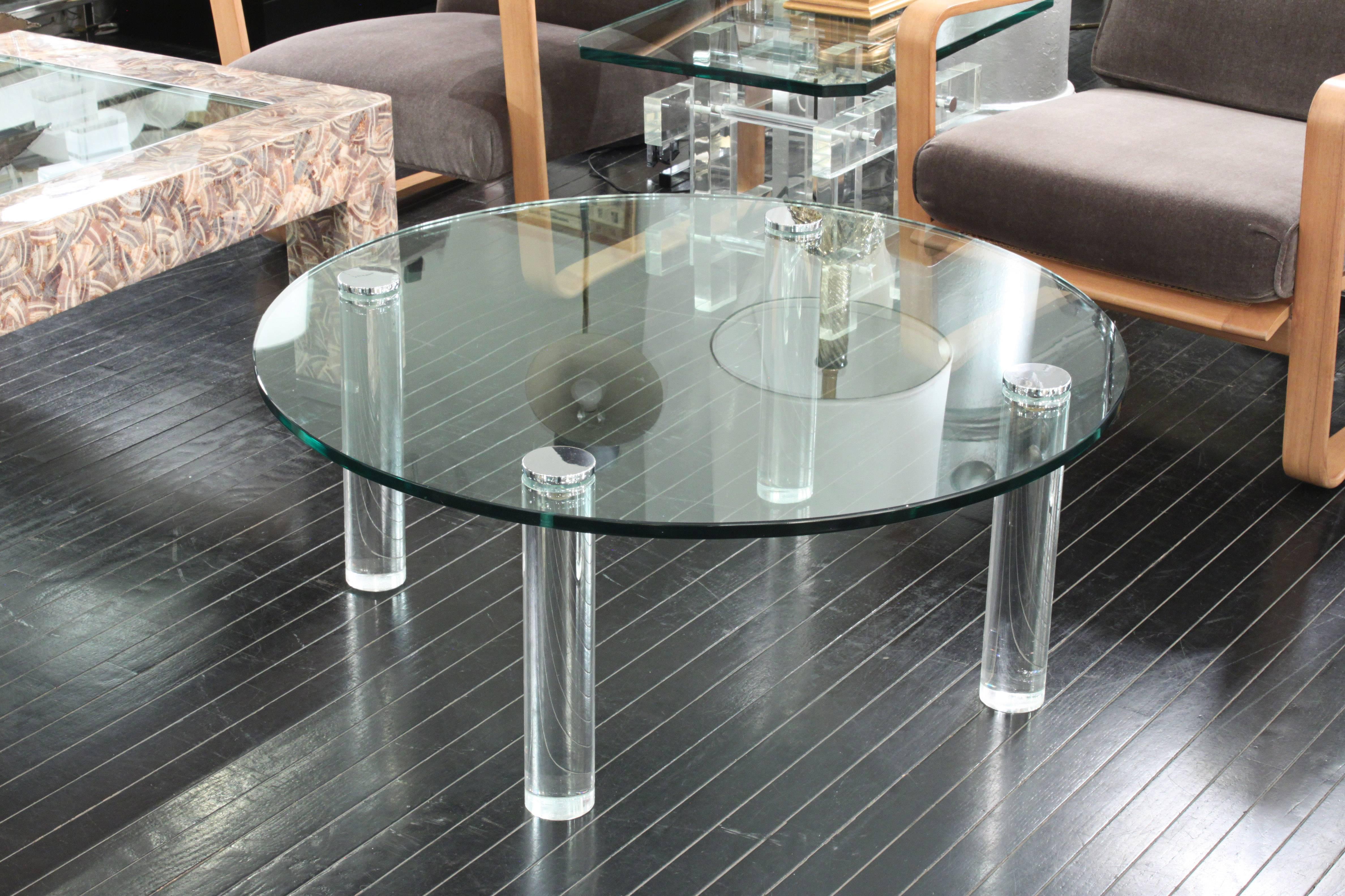 Late 20th Century Coffee Table with Round Solid Lucite Legs and Glass Top by Pace Collection