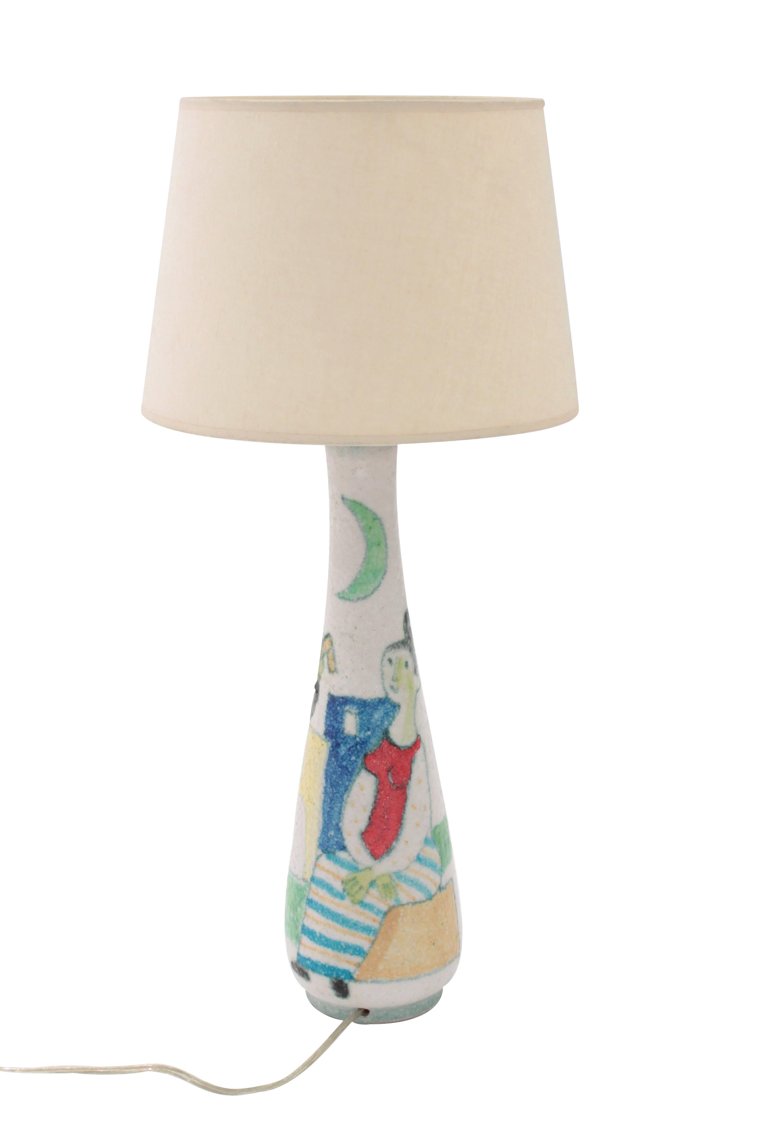 Studio made ceramic table lamp with colorful figural decoration by Guido Gambone, Italy, 1950s (signed 