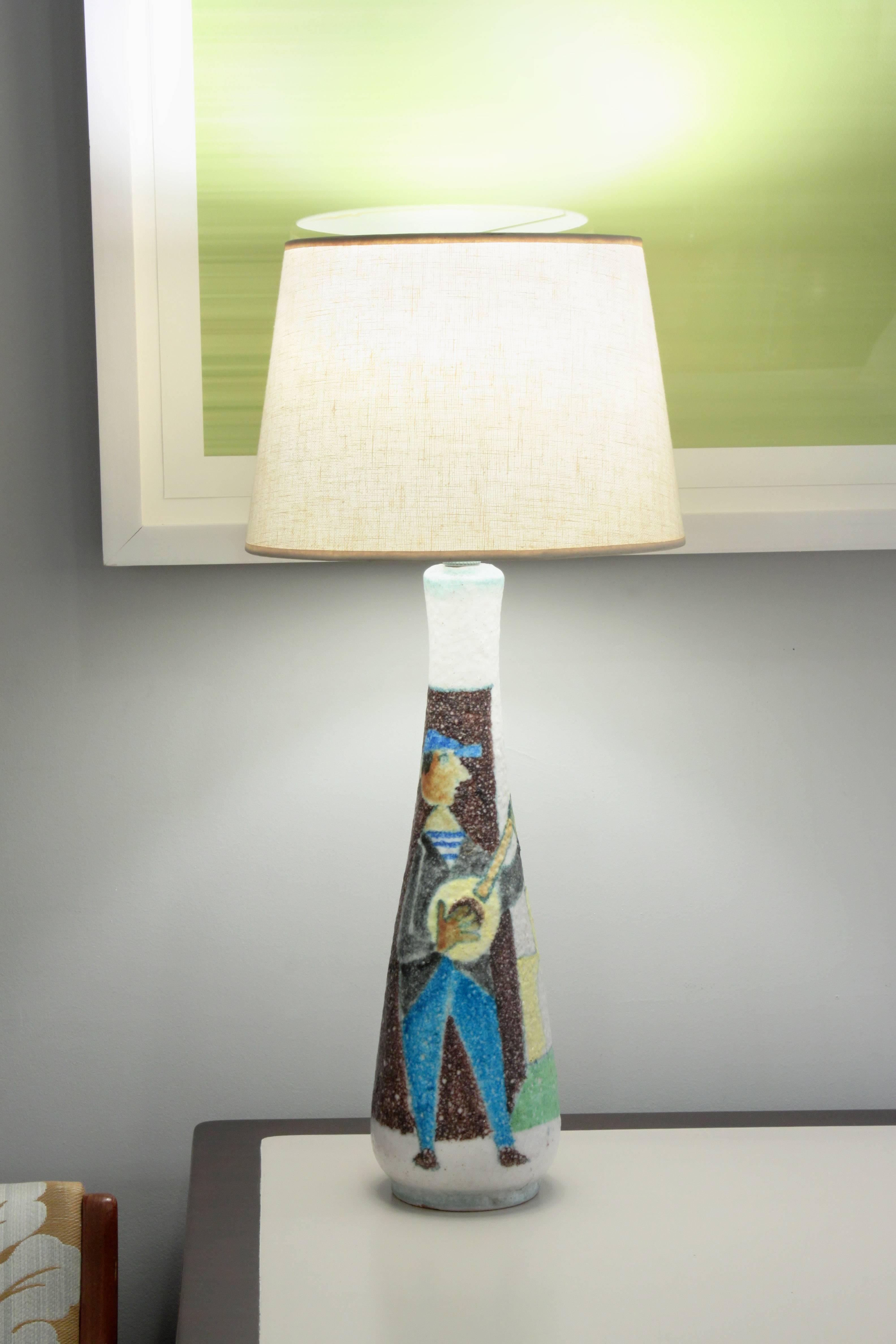 Studio Made Ceramic Table Lamp with Figural Decoration by Guido Gambone In Excellent Condition In New York, NY