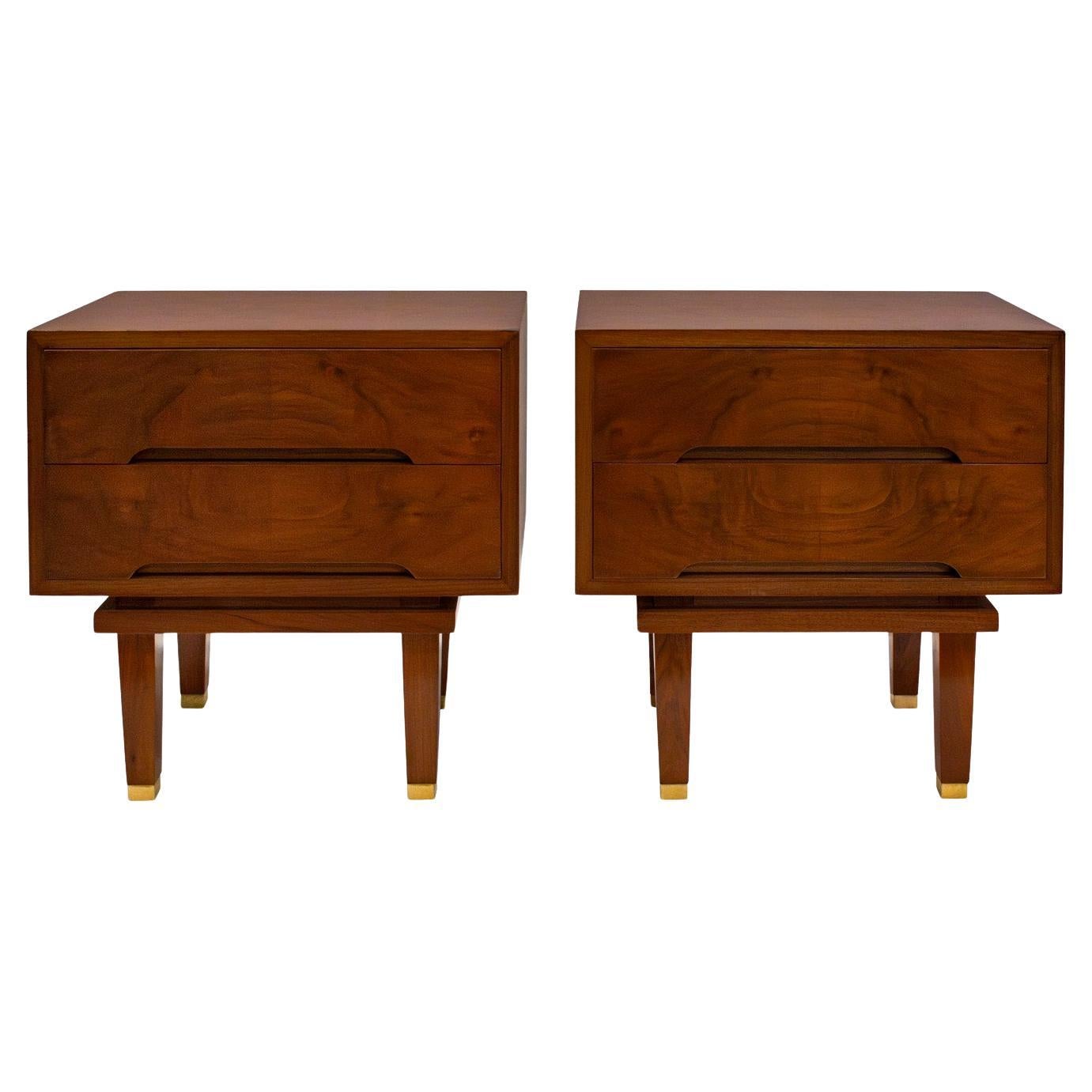 Pair of Clean Line Italian Bedside Tables in Figured Walnut 1950s