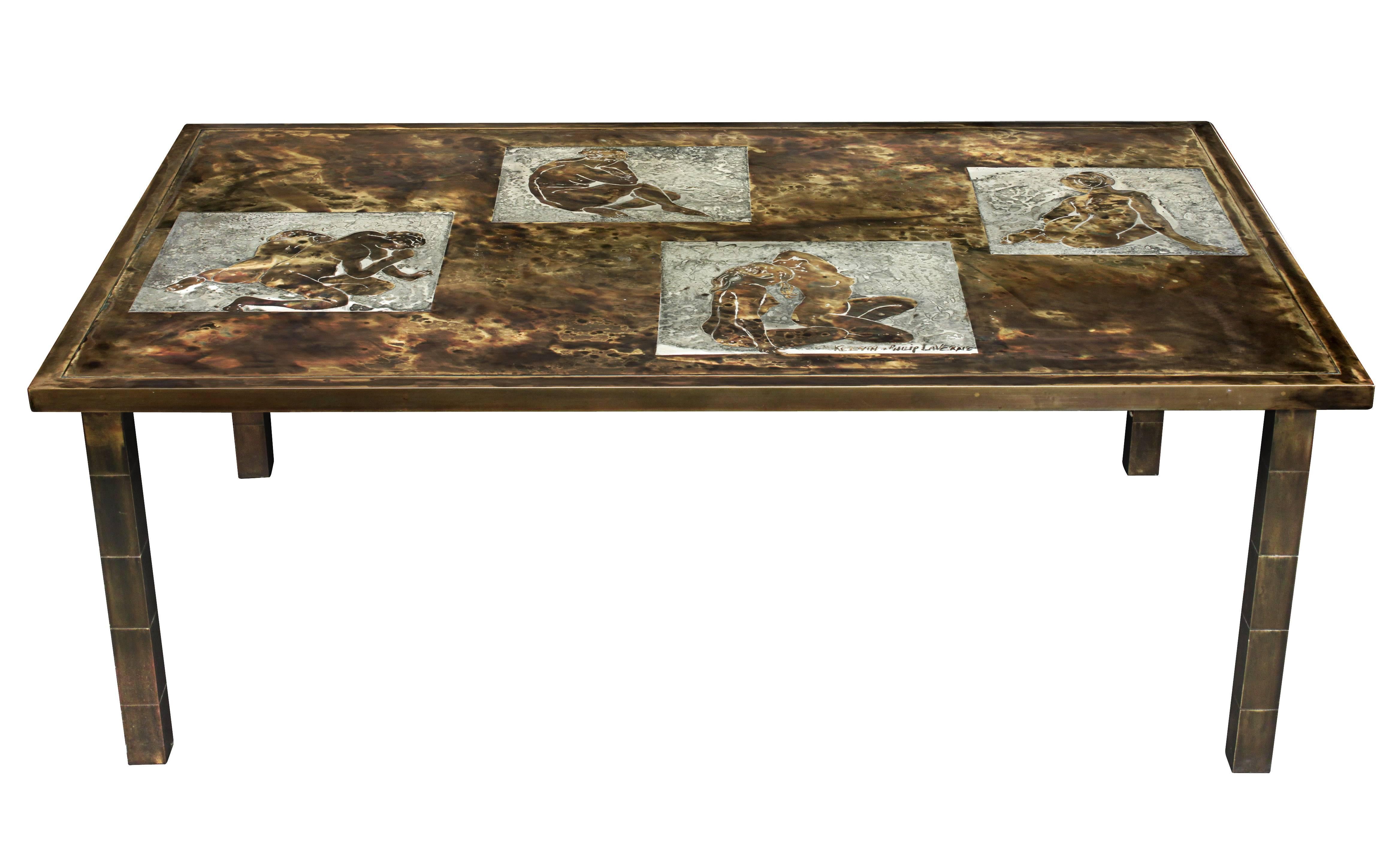 Rare coffee table with scenes of four female nudes in patinated bronze and pewter by Philip and Kelvin LaVerne, American 1970s (signed “Philip & Kelvin LaVerne” on top.)
   