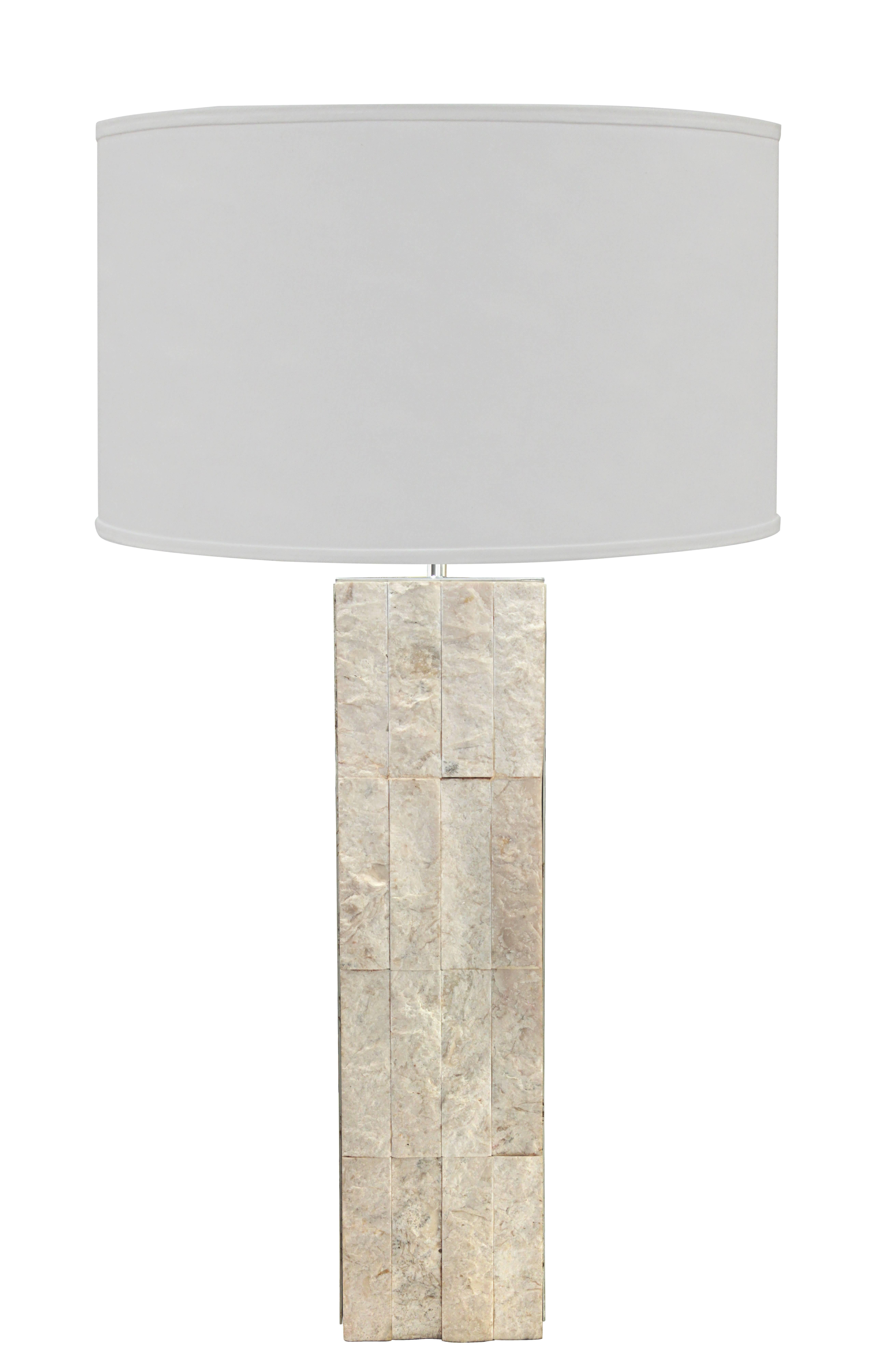 Pair of table lamps in ivory flagstone with brushed steel sides, American, 1970s.
Shades shown in images are 18 inches in diameter.