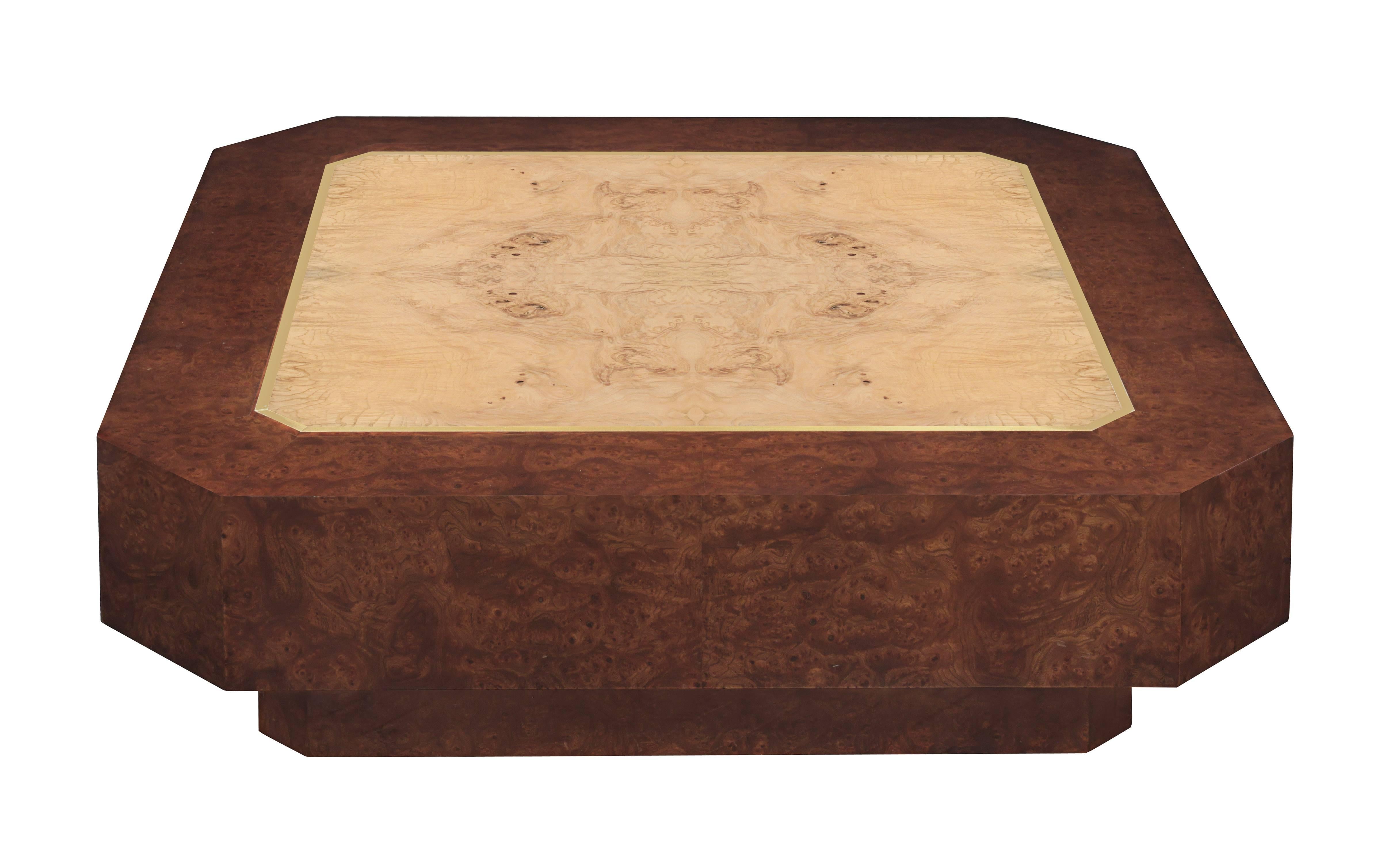 Early and rare DiGerlando Coffee Table in ash burlwood with brass inlays and base in Carpathian elm by Karl Springer, American, 1970s (retains original label on bottom which reads 