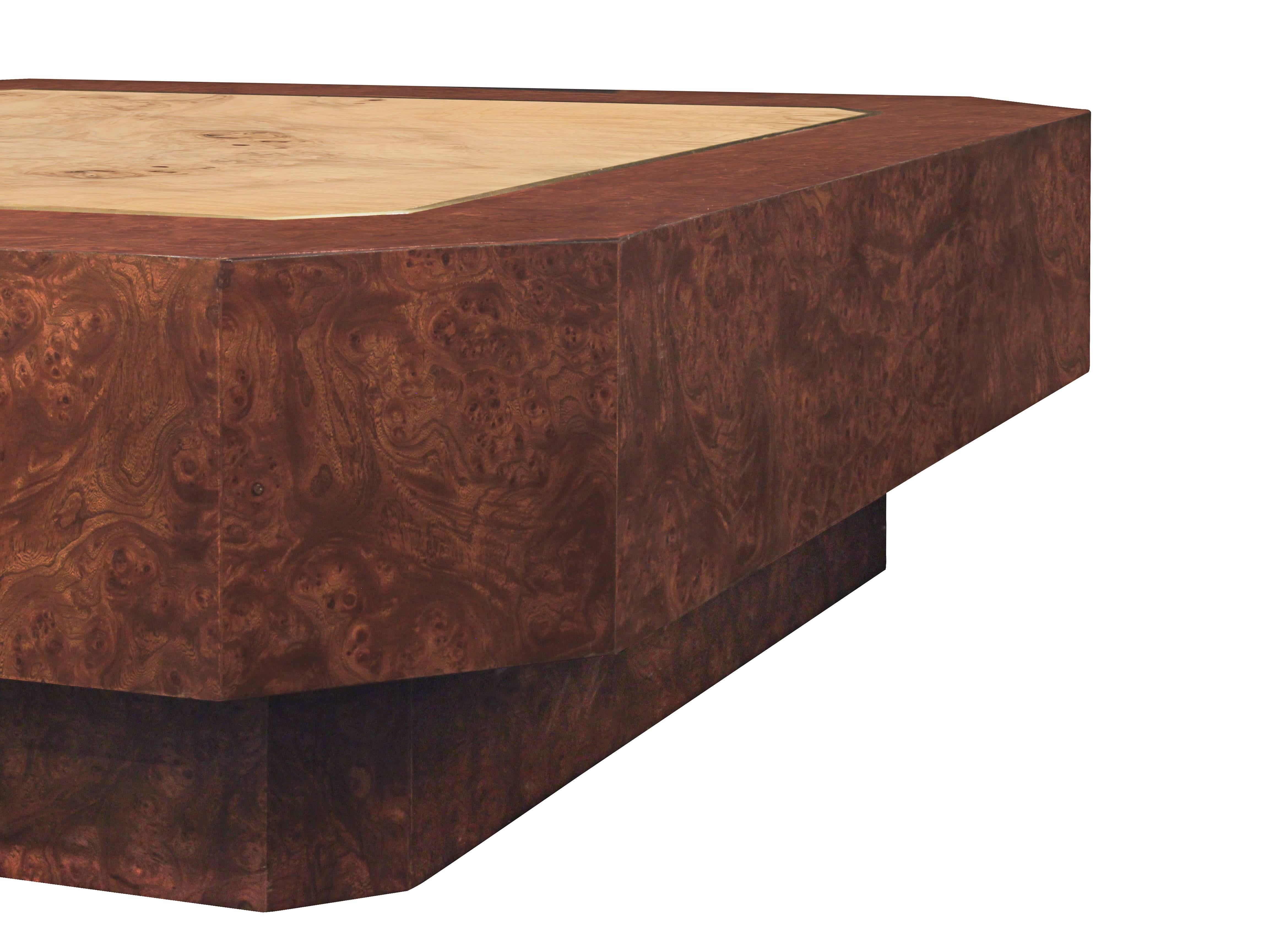 Mid-Century Modern DiGerlando Coffee Table in Ash Burl with Brass Inlays by Karl Springer