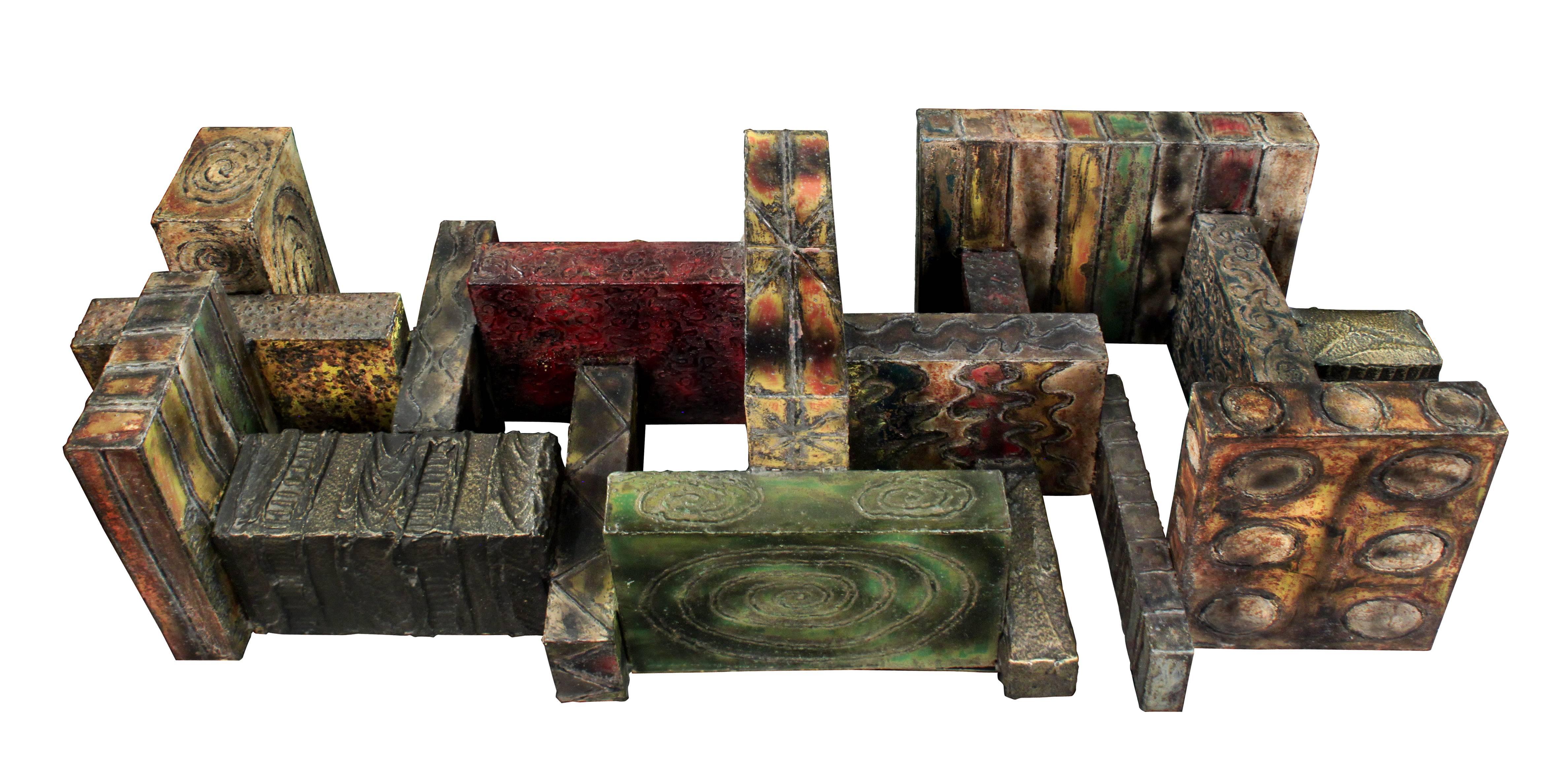 Rare and exceptional large studio coffee table, hand-welded and colored and also with bronze resin, by Paul Evans, American, 1971 (signed 