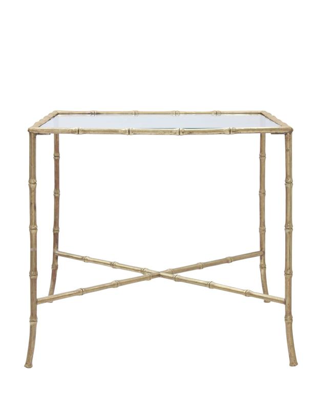Elegant end table in brass with bamboo design and glass top, American 1950's