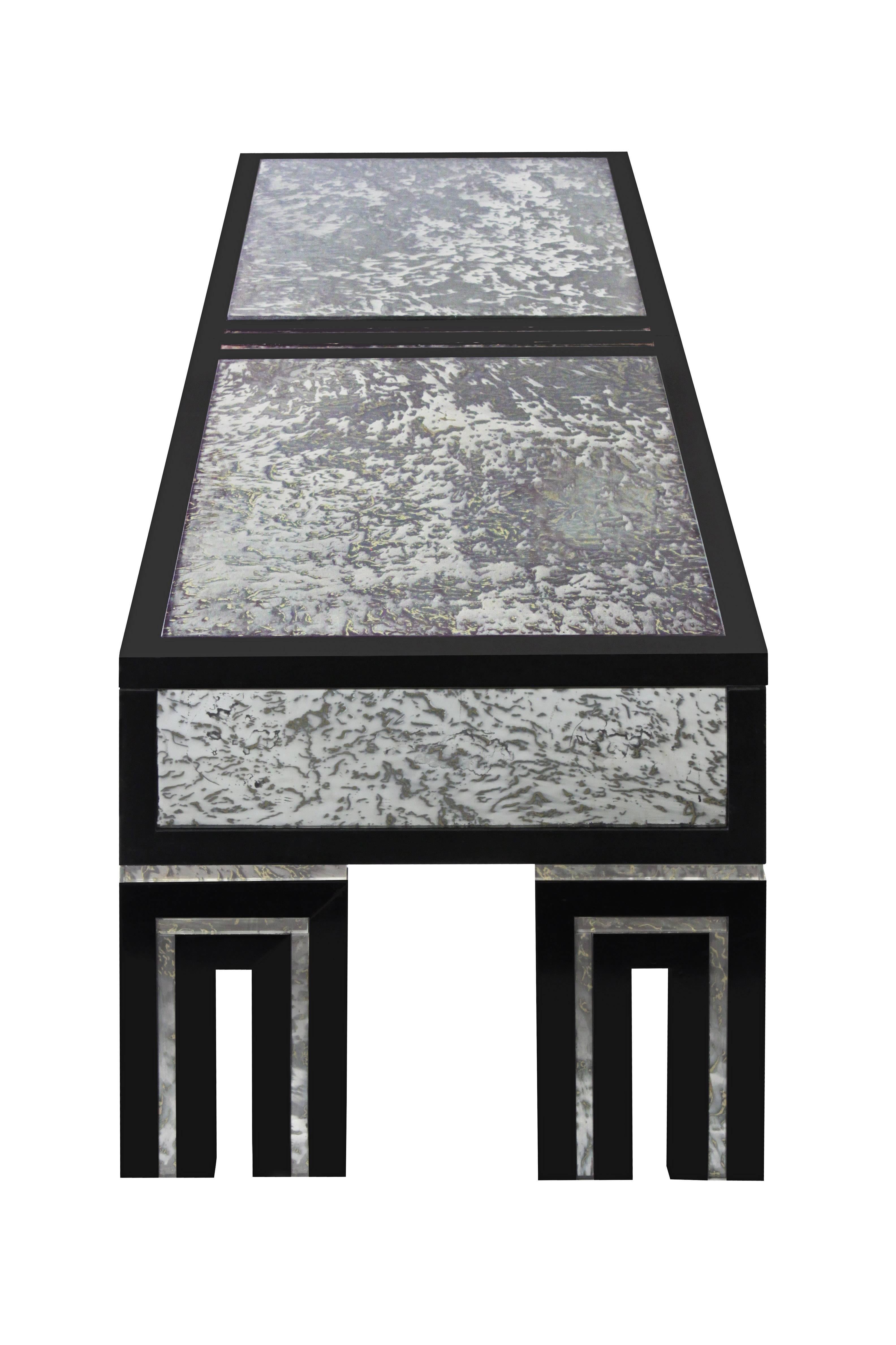 American Ebonized Coffee Table with Mottled Antique Glass by James Mont For Sale