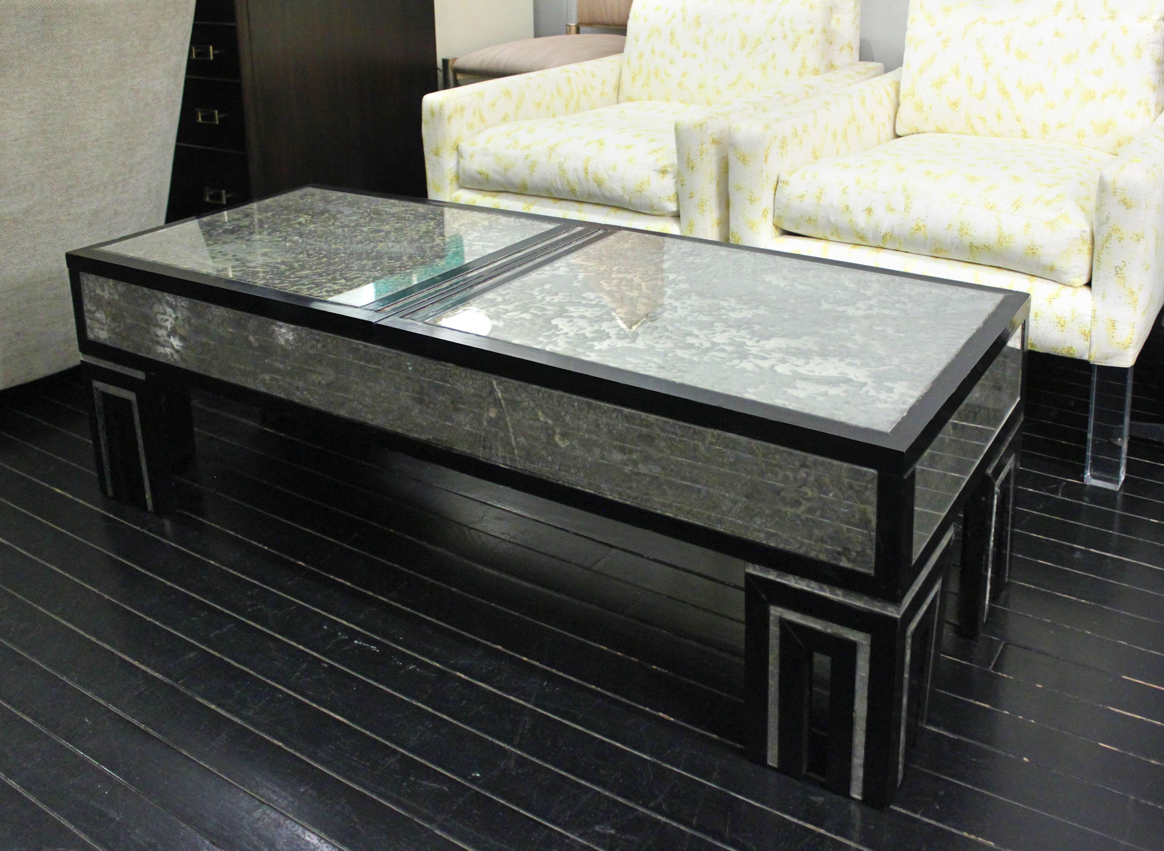 Ebonized Coffee Table with Mottled Antique Glass by James Mont For Sale 2