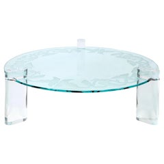 Karl Springer Coffee Table with Lucite Legs and Engraved Glass Top 1980s Signed