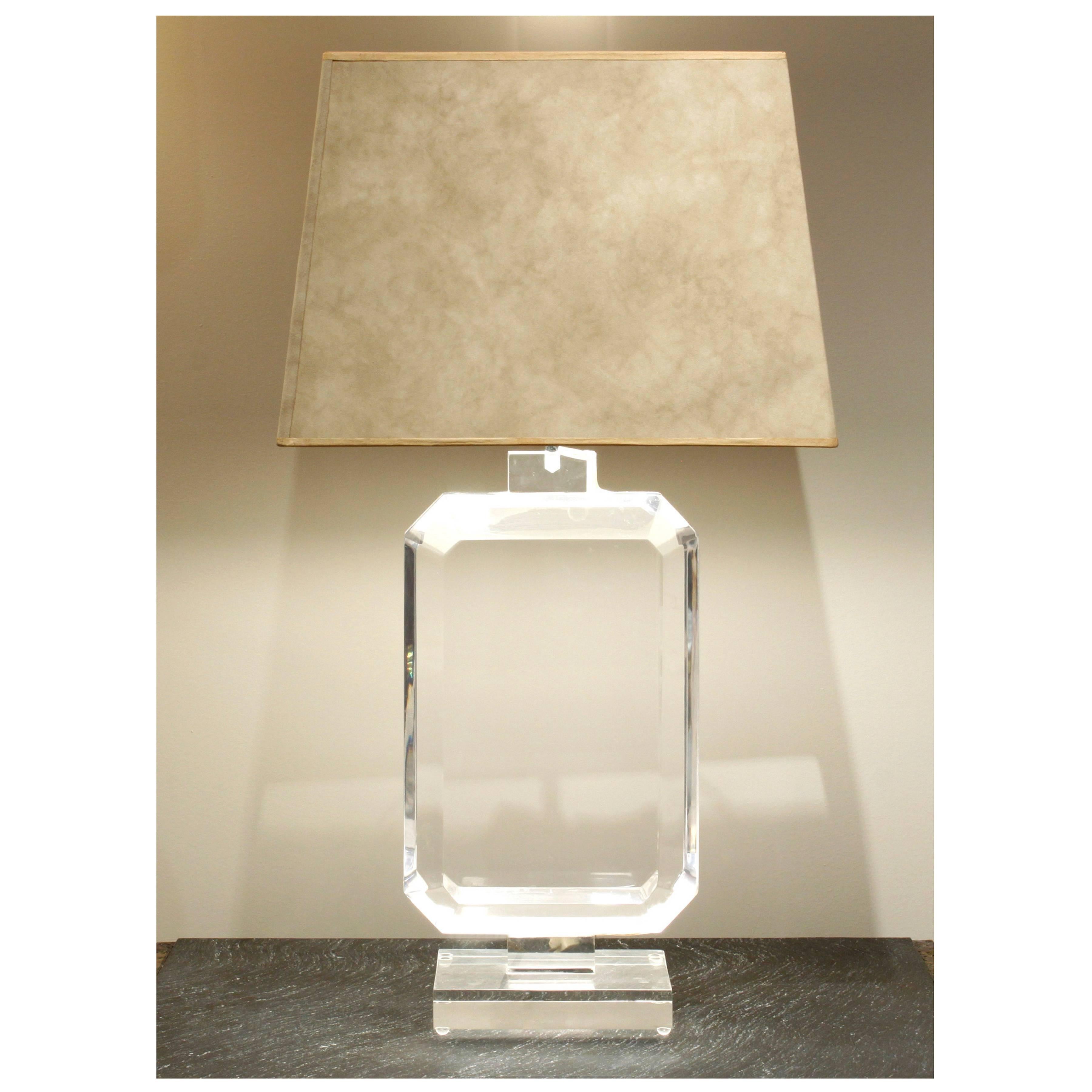 Large solid thick Lucite table lamp with ultrasuede shade by Les Prismatiques, American, 1970s.