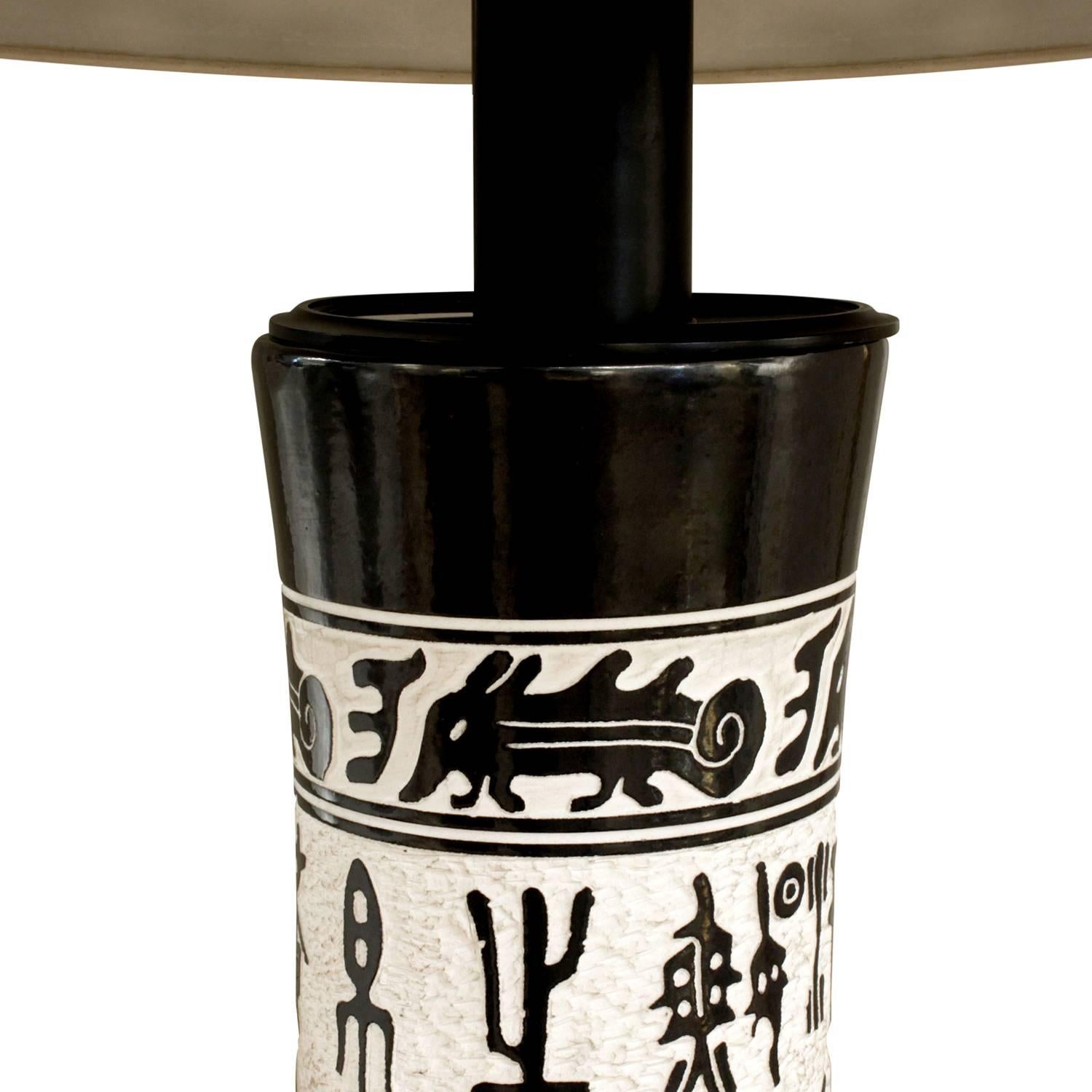 Japanese Large Asian Hieroglyphic Studio Ceramic Table Lamp, 1960s For Sale