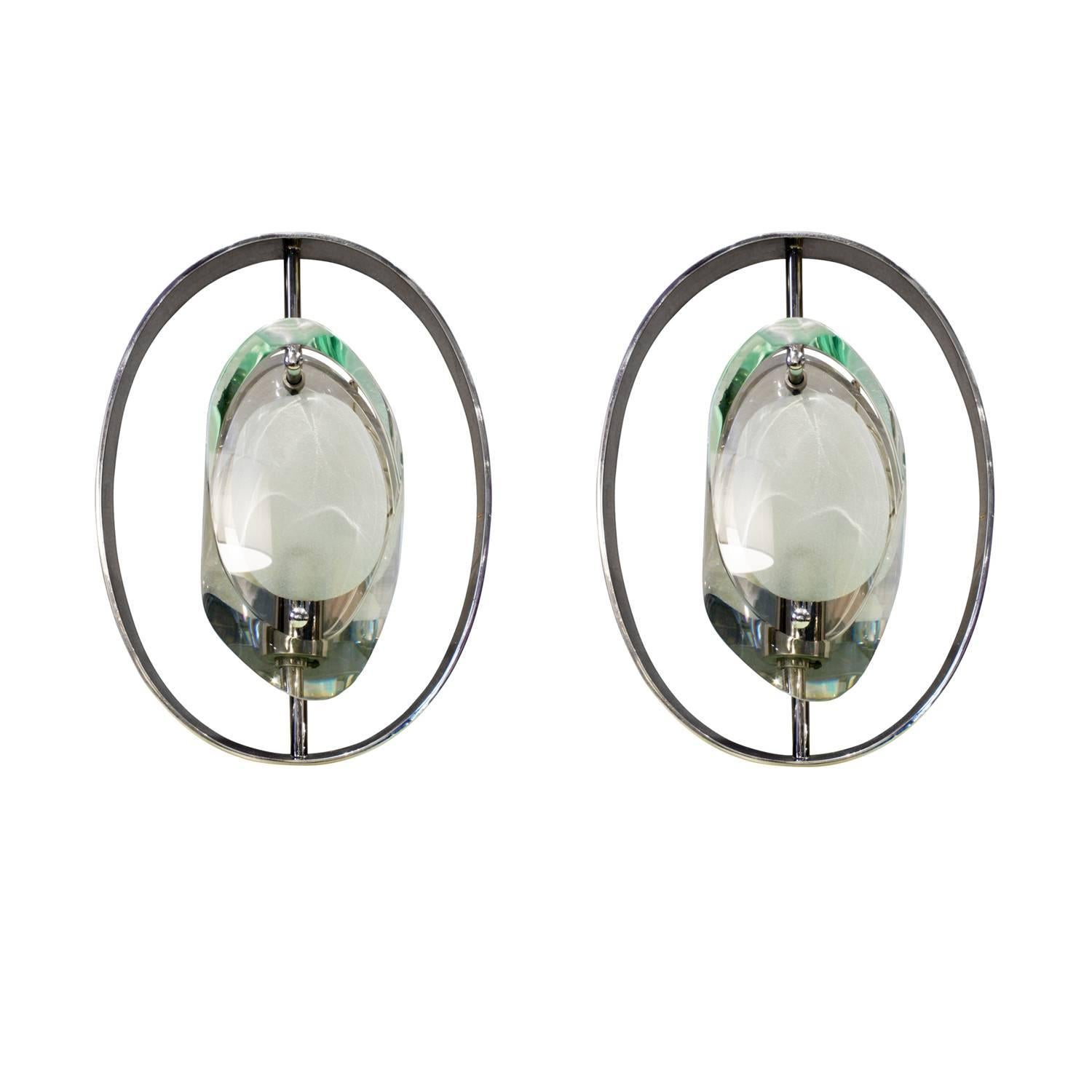 Pair of sconces in hand-cut and polished glass with nickel mounts in the style of Max Ingrand for Fontana Arte, 1990s