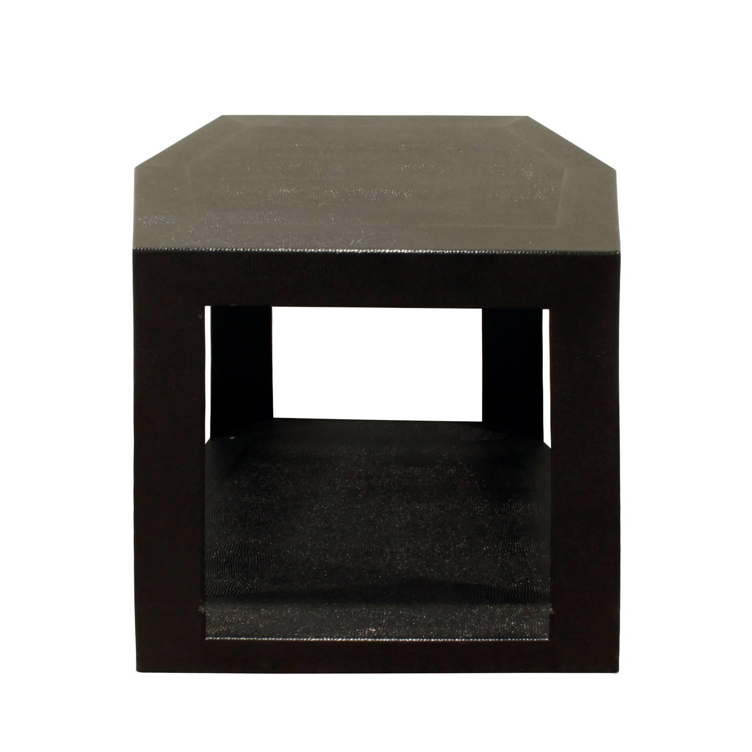 Hexagonal side table covered in black embossed reptile leather by Karl Springer, American, 1986. Label reads 