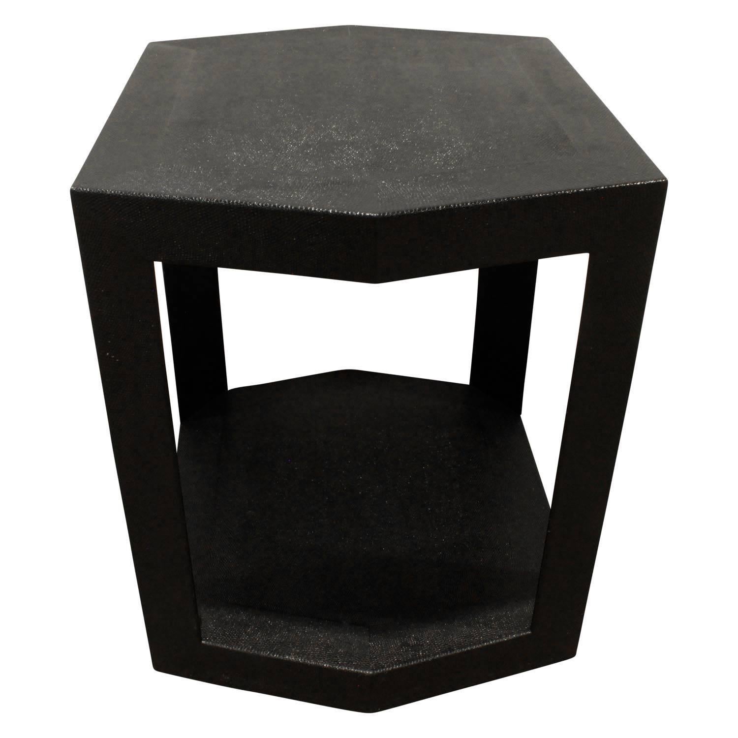 Mid-Century Modern Karl Springer Hexagonal Side Table in Embossed Reptile, 1986 Signed