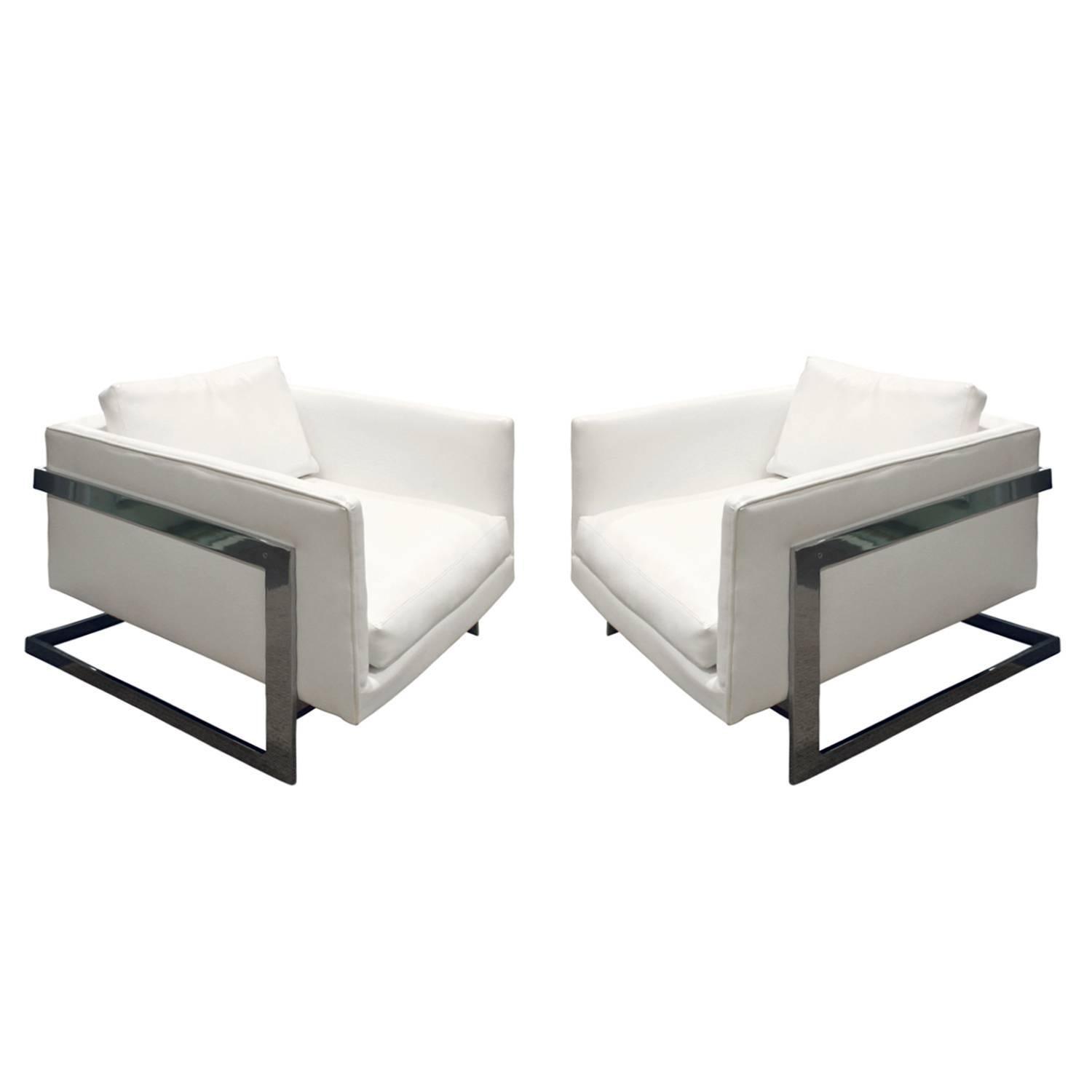 Milo Baughman Pair of Boxy Club Chairs with Polished Chrome, 1970s