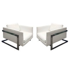 Milo Baughman Pair of Boxy Club Chairs with Polished Chrome, 1970s