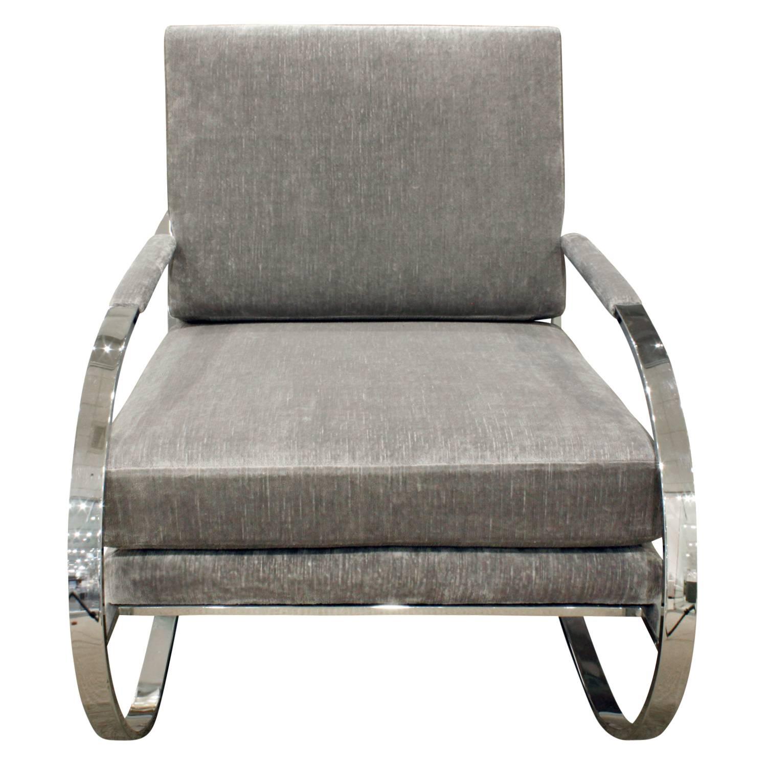 Cantilevered lounge chair with frame in flat banded chrome by Milo Baughman for Thayer Coggin, American, 1970s. Newly upholstered in gray velvet by Lobel Modern.